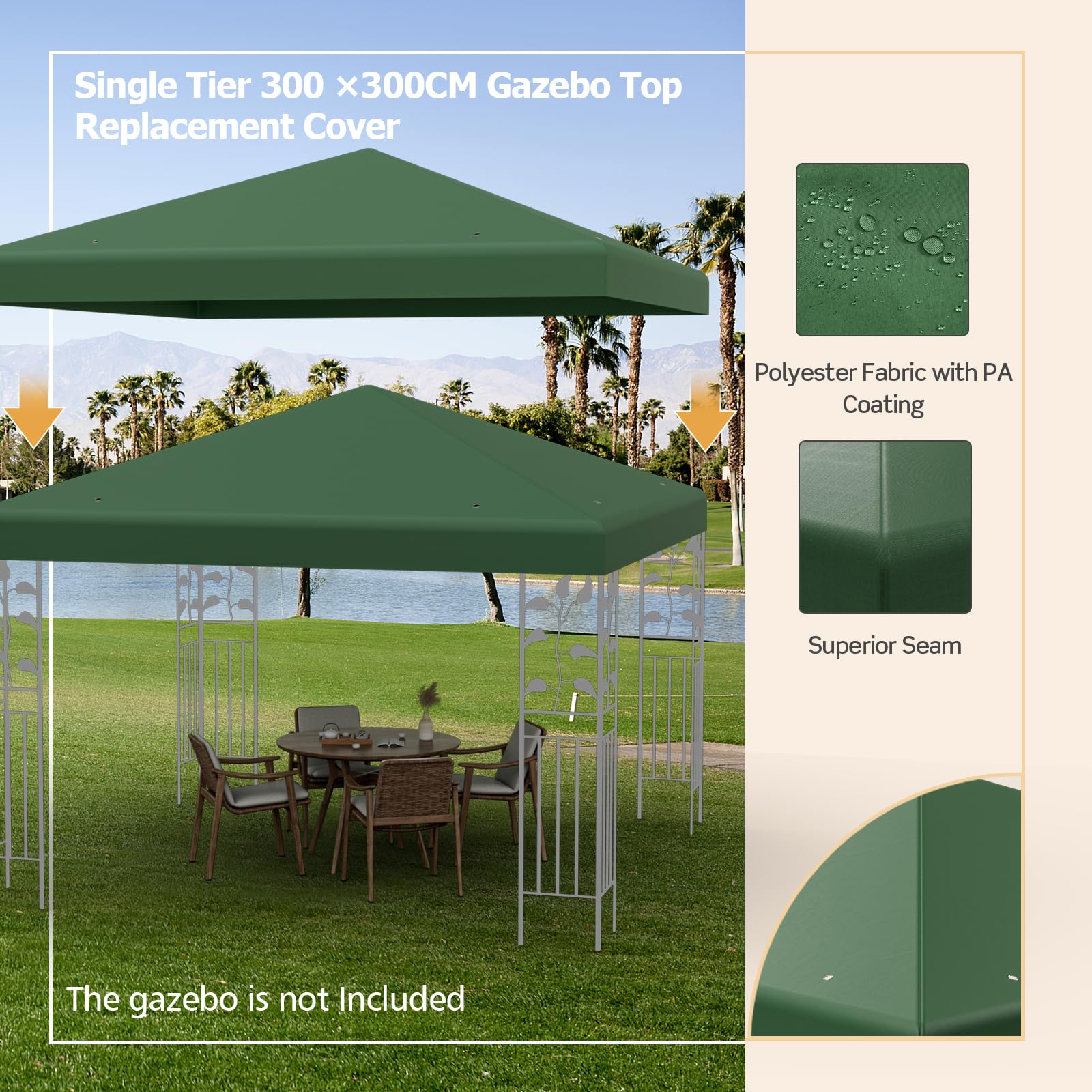 HOMASIS Telo Gazebo 3x3m, Copertura Impermeabile in Poliestere, Tetto Singolo di Ricambio Con Fori di Drenaggio e Chiusure, per Feste, Matrimoni (Verde)