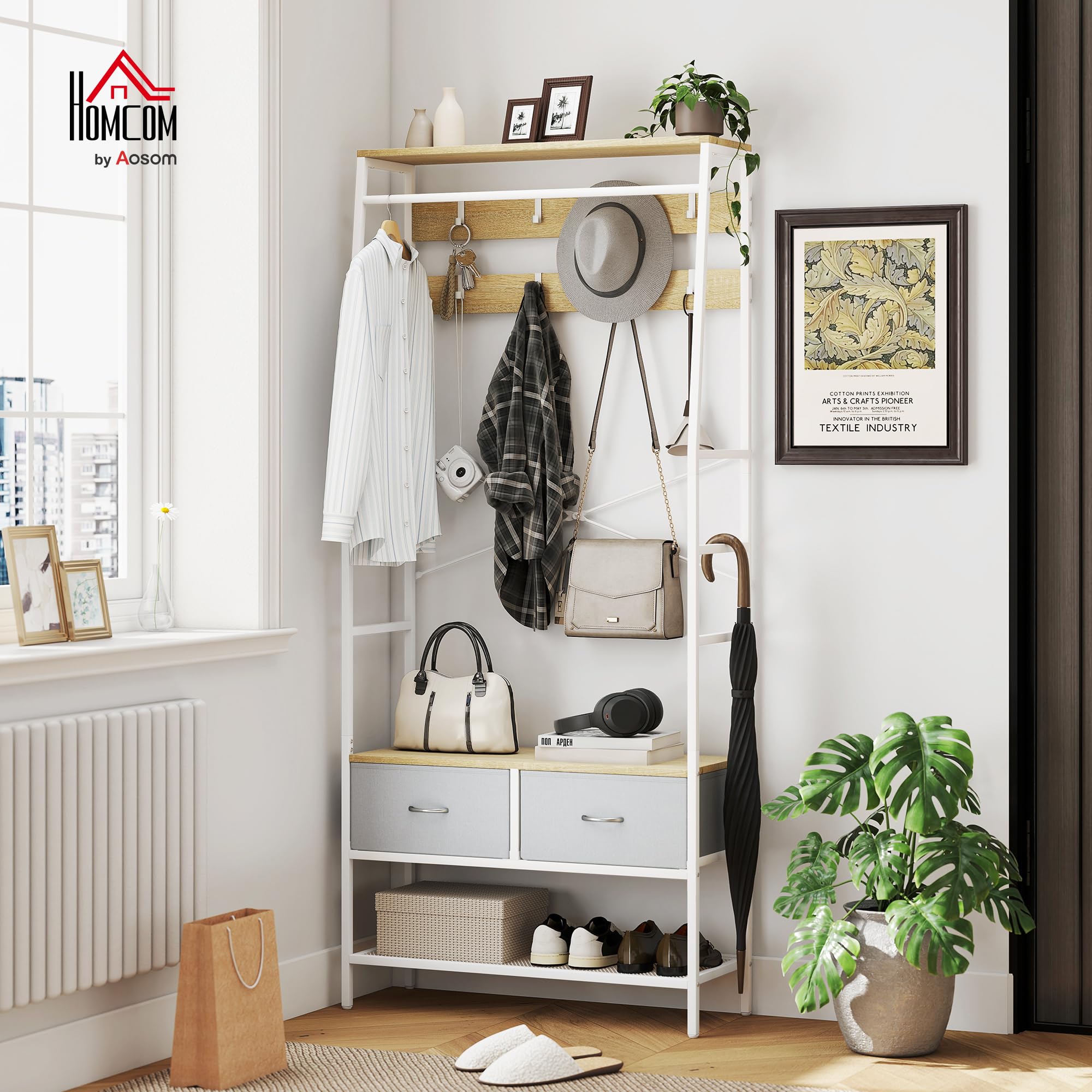 HOMCOM Perchero Zapatero Perchero Entrada Recibidor con Zapatero 8 Ganchos 2 Cajones de Tela Barra Estante de Malla Estilo Industrial para Colgar Ropa Pasillo Dormitorio Salón 80x30x180,5 cm Natural