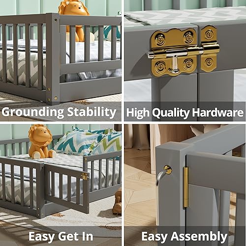 Miniatura 25 de Marco de cama Montessori de madera de tamaño individual con listones de madera, valla y puerta para niños, niñas y niños, espresso (con listones de