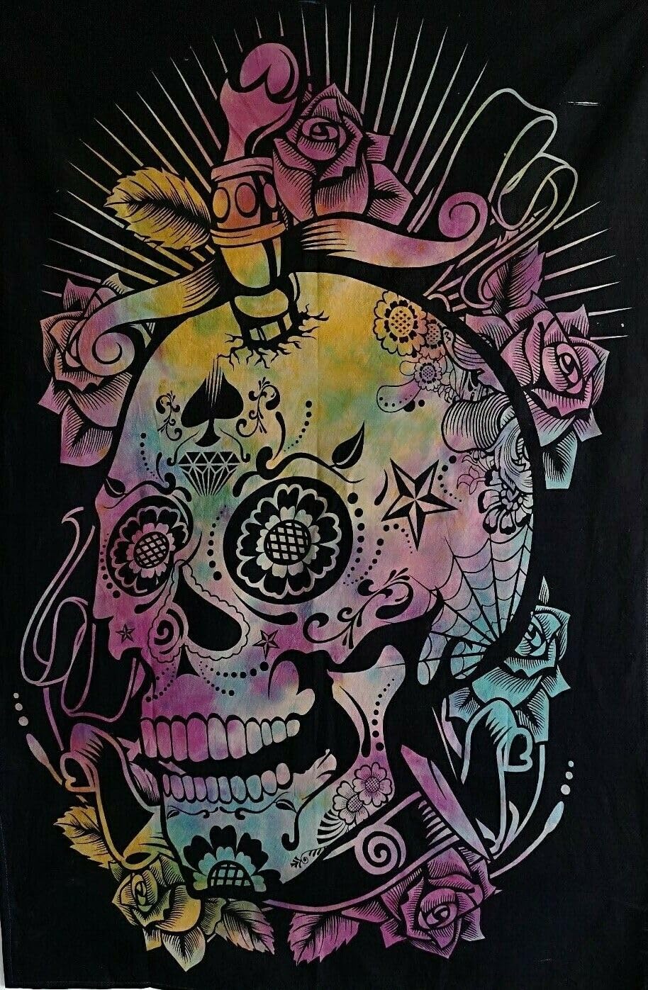 AVA Collections Tie Dye Multicoloured Dead Skull Wall Hanging Psychedelic Tapestries Indian Cotton Poster Boho Bohemian Decor Wall Art Hippie Bedroom Décor 102x76 cm (Multicolour