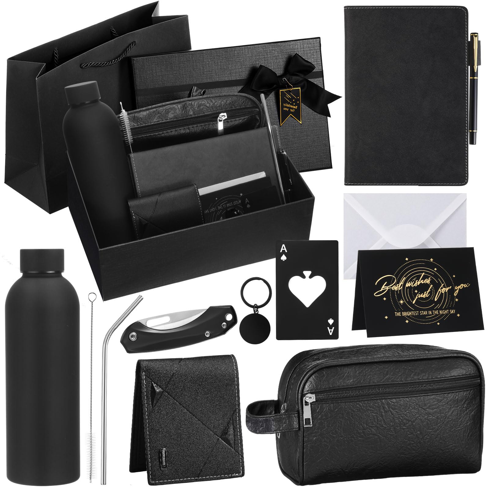 Mimorou 13 Pcs Gift Sets for Men, Thank You Gift Baskets 16.9 oz Sports Water Bottle & Leather Toiletry Bag with Wallet Knife, Birthday Fathers Day Care Package for Dad, Husband