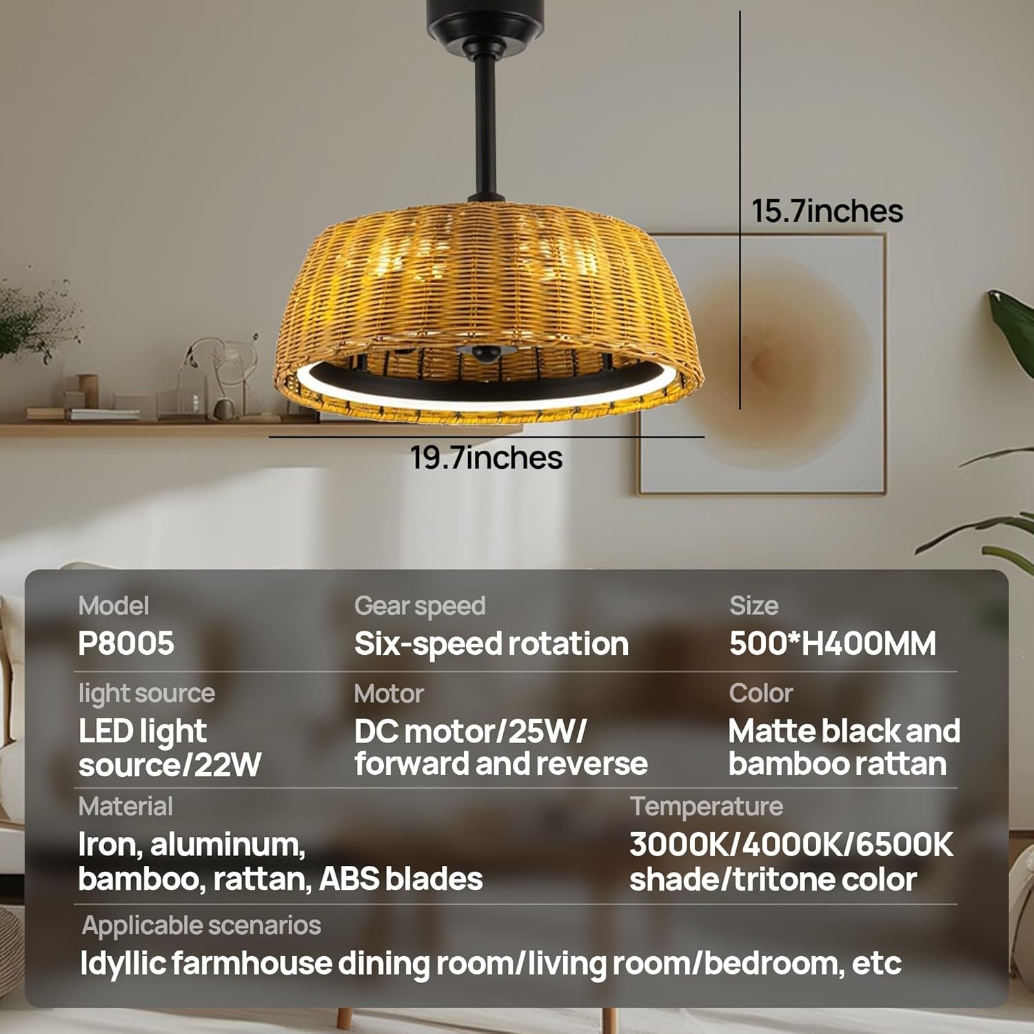 20" Boho Rattan Ceiling Fan with Light, Low Profile Flush Mount Caged Fandelier with Remote, Dimmable LED & Reversible Motor, Quiet Farmhouse Wicker Fan for Bedroom