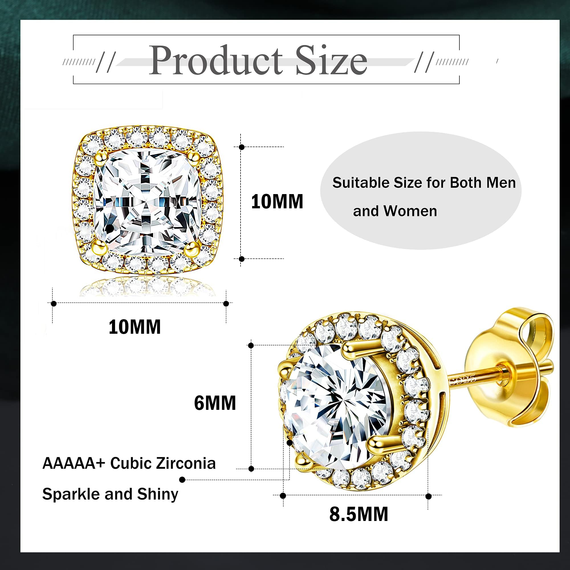 Dochais 2 Paia Orecchini Argento Sterling 925 Uomo Donna Orecchini Diamante Zirconi Cubici Quadrati Rotondi Brillantino Set Orecchino a Lobo Ipoallergenici Placcati Oro 14K Simulato Halo Argento/Oro