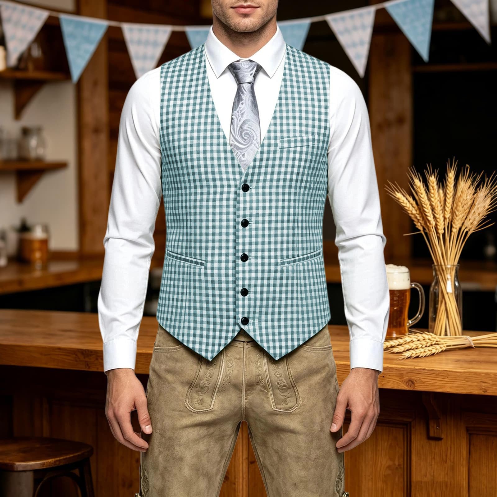 Gilet da uomo a quadretti, con scollo a V, per Oktoberfest | Tessuto twill leggero con classico motivo a quadri, versatile da abbinare con camicie, per Oktoberfest, matrimoni e feste