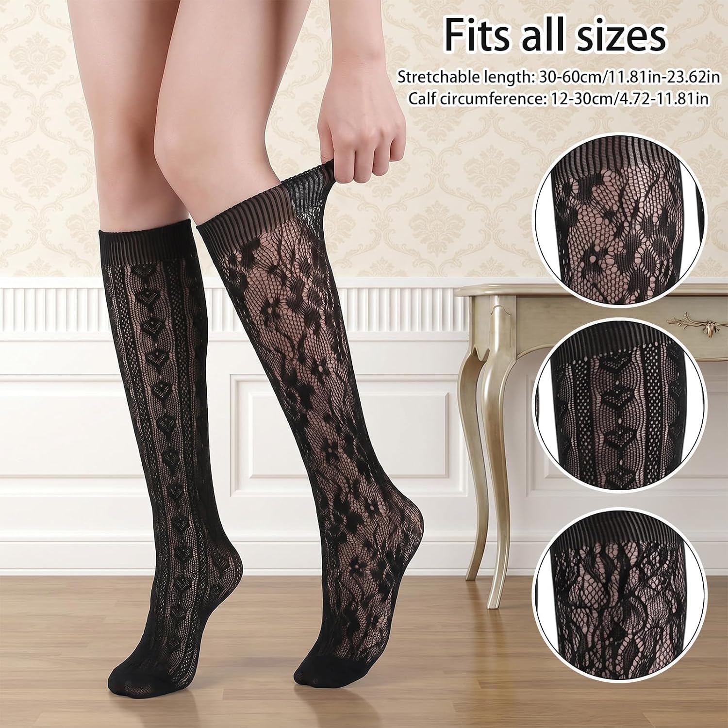 6 Pairs Women's Fishnet Knee High Socks, Hollow Lace Knee High Socks, Fashionable Lace Sock Women, Soft And Breathable