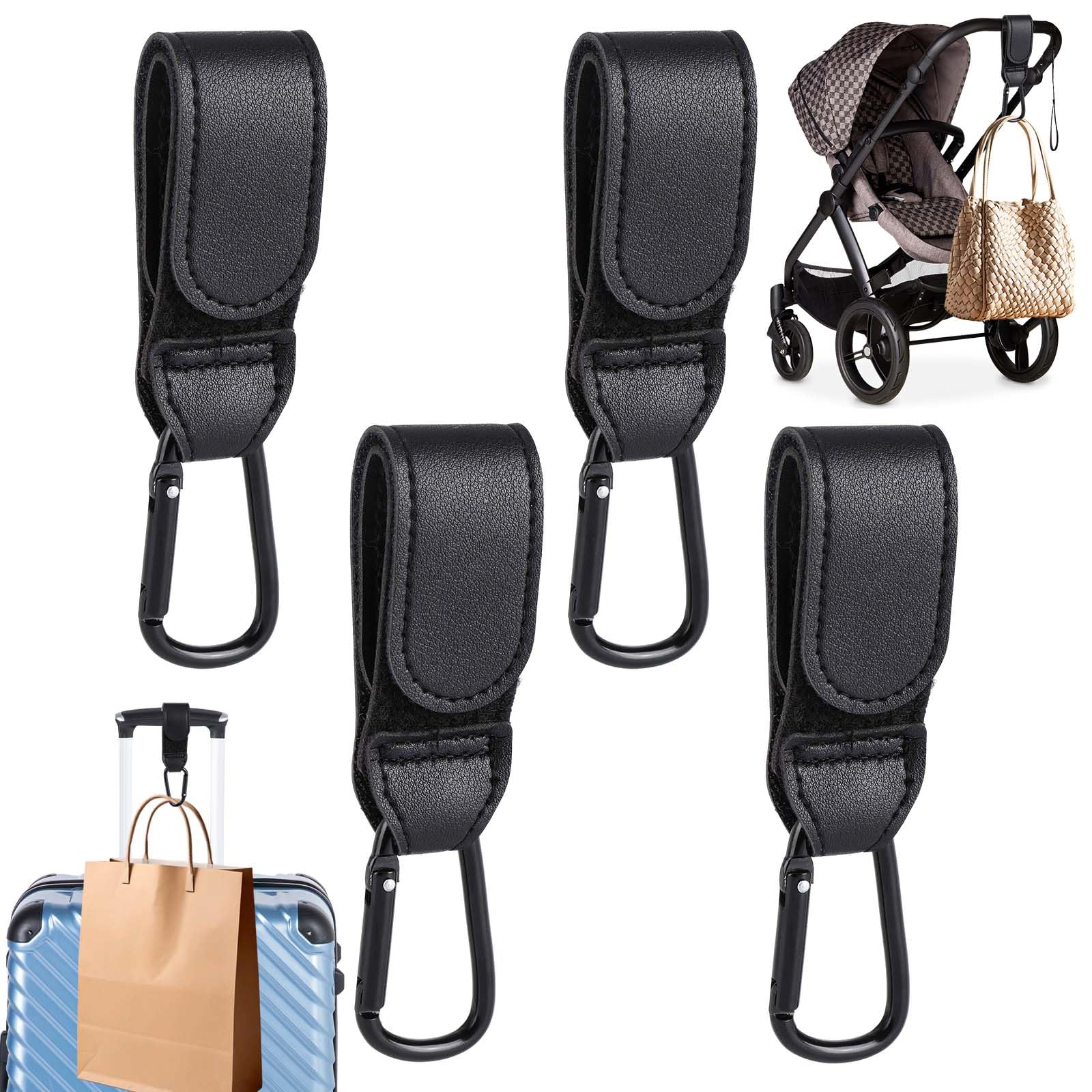 Kinderwagenhaken aus Leder, Universal-Karabiner, Klettverschluss, 4 Stück, schwarz