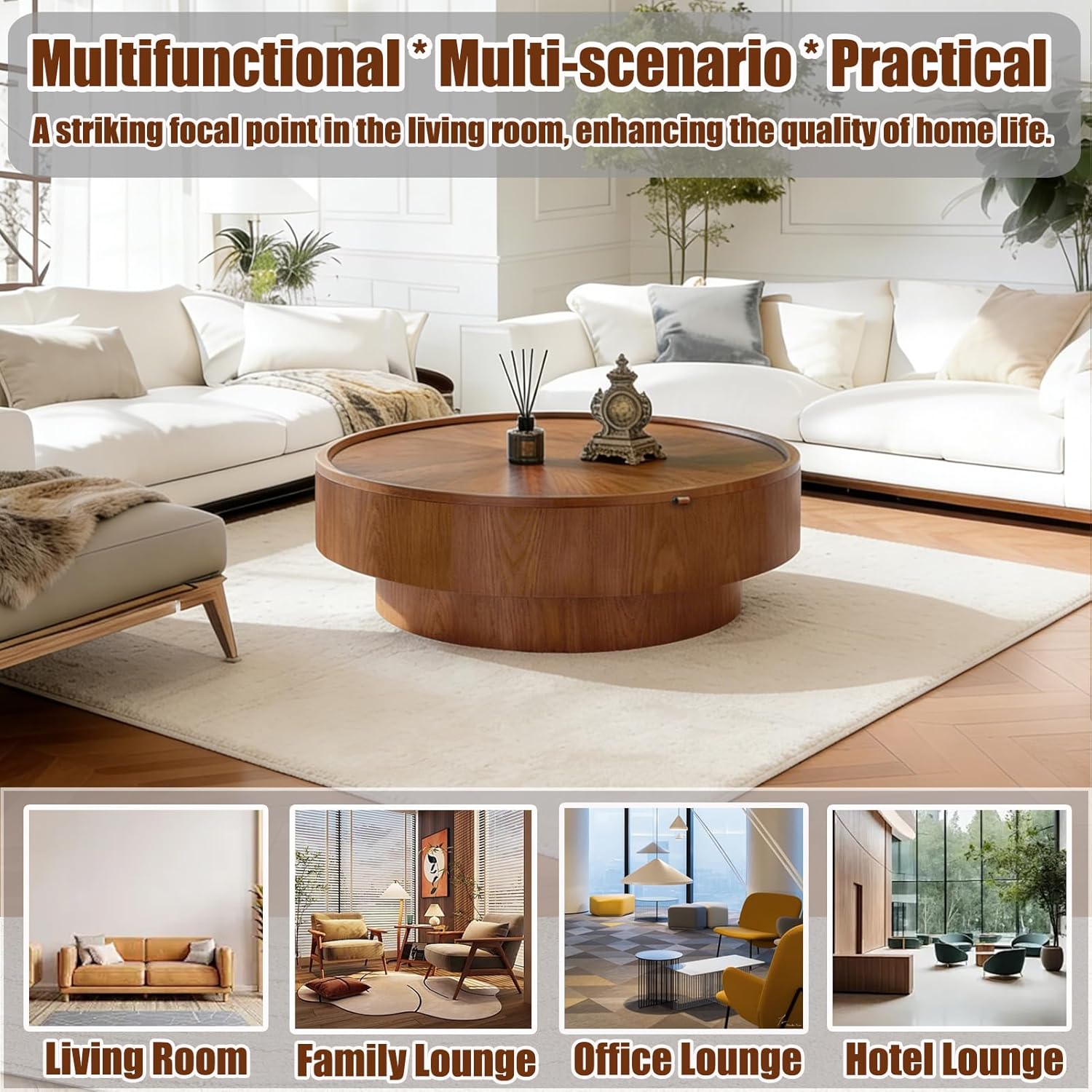 39.4'' Round Coffee Table with Hidden Storage, Modern Drum Coffee Tables with Solid Wood Veneer, Wooden Circle Center Table for Living Room, Small Spaces, and Apartments, Easy Assembly