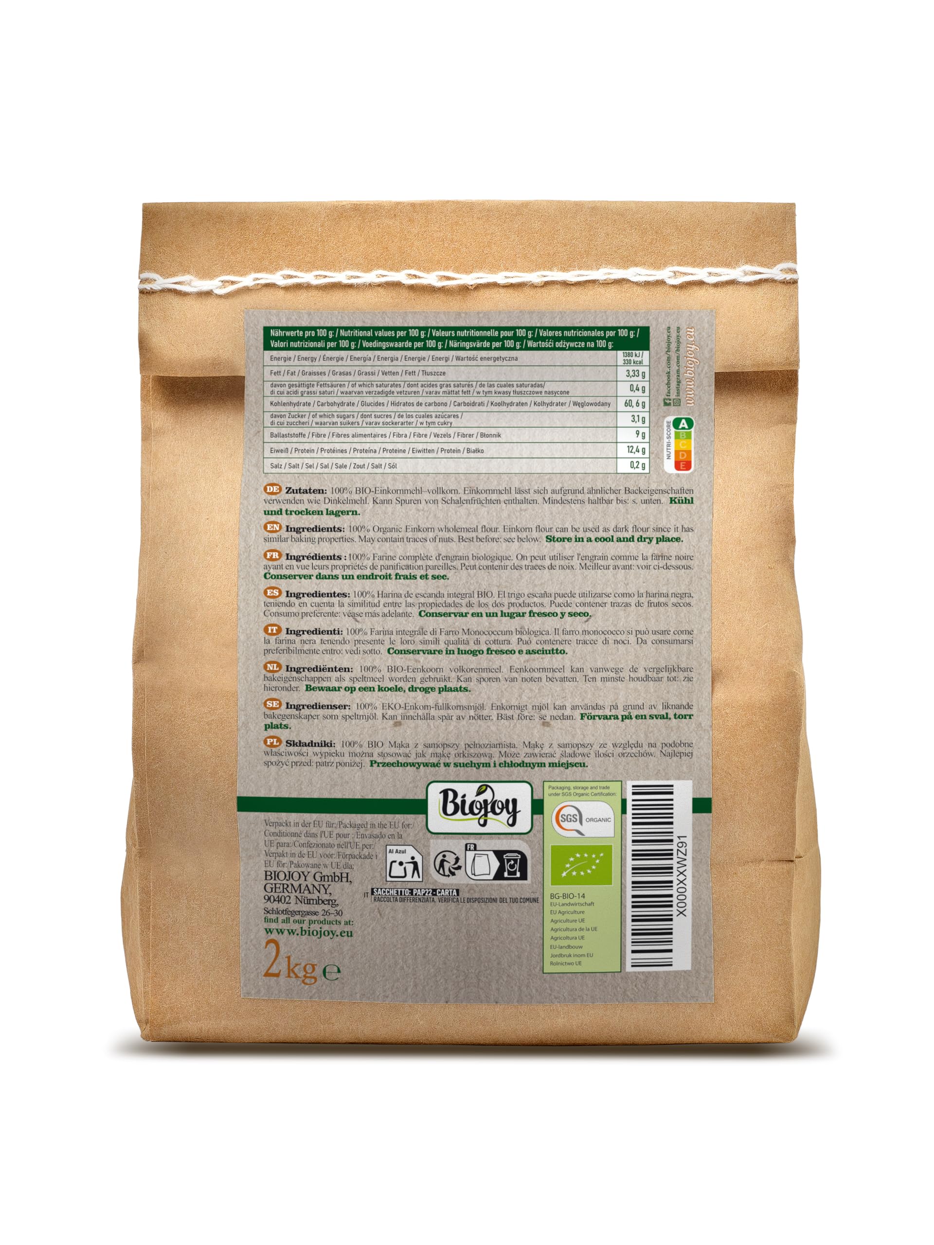 Biojoy Farine complète d'épeautre Intégrale BIO (2 kg), sans sadditifs (Triticum monococcum)