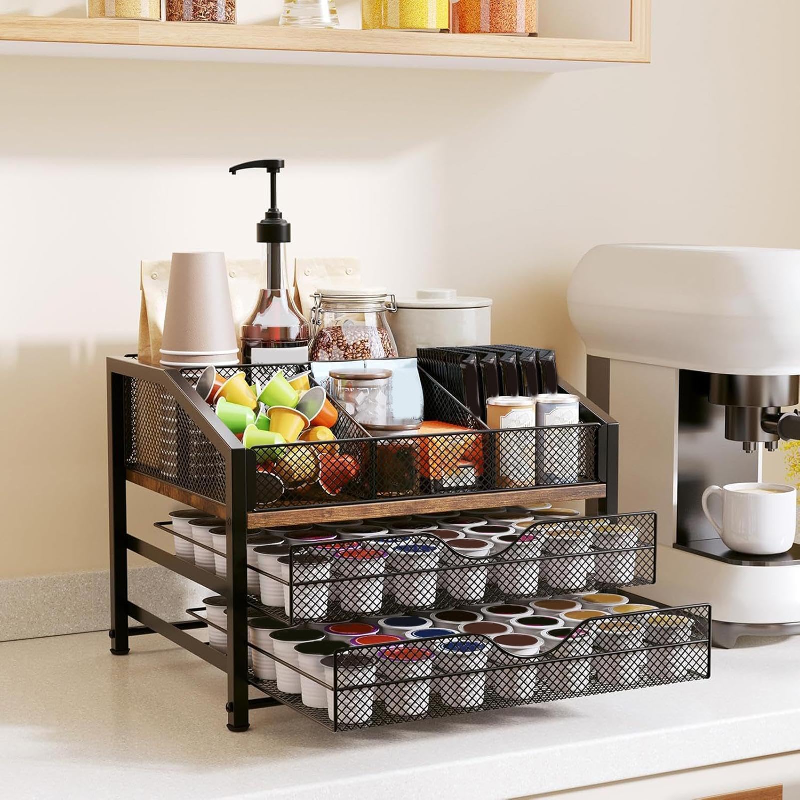 Porta caffè da appoggio Scaffale espositore a 3 livelli per contenitori | Organizzatore per Stazione Caffè Per cassetto, piano di lavoro, armadietto, muro, frigorifero, cucina, bar, caffetteria, s
