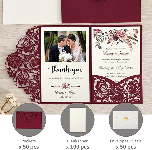 Vista 82 de DORIS HOME 50 bolsillos de invitación de boda cortados con láser con sobres azules, tarjetas de invitación de 5.12 x 7.12 pulgadas para boda