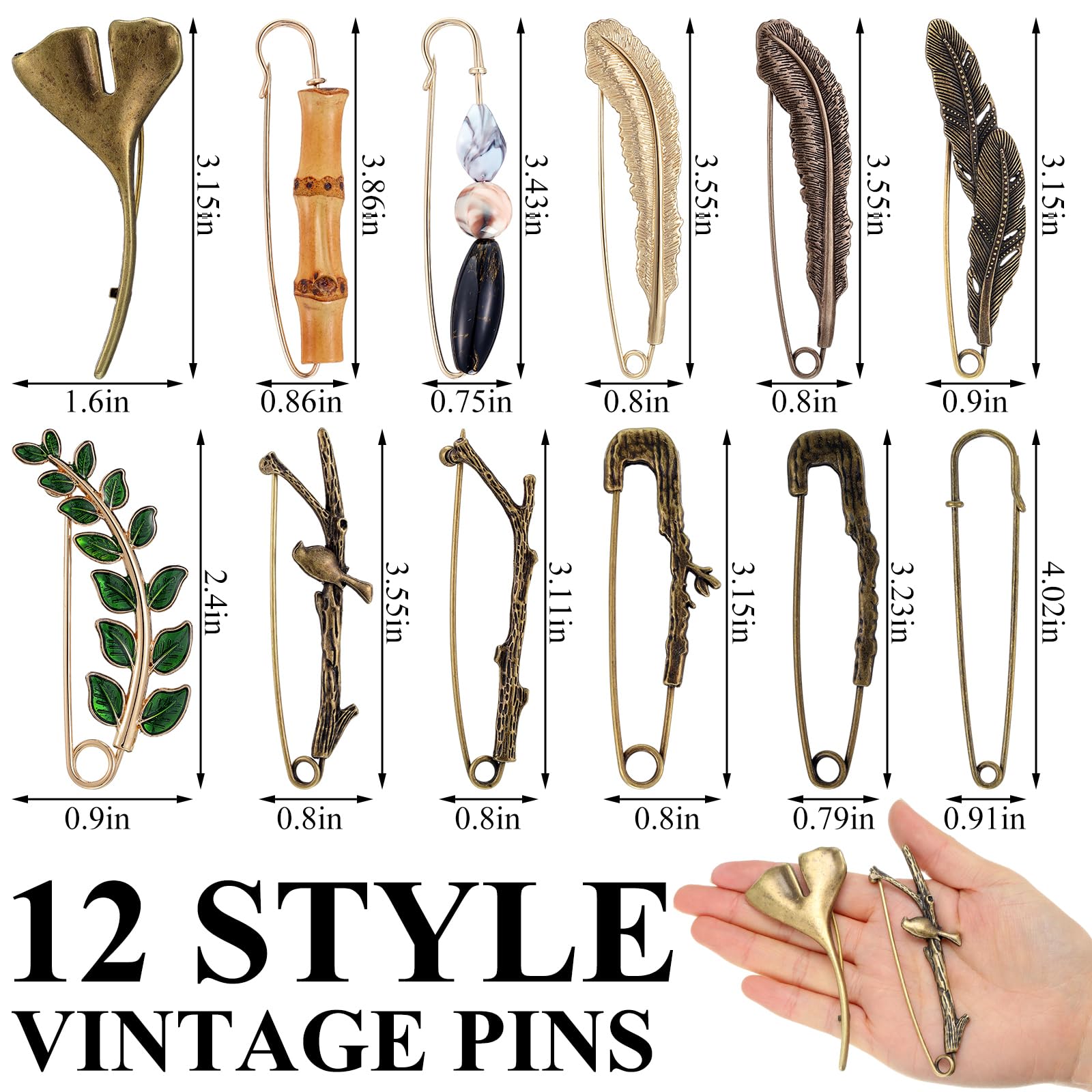 Landical 12 pines vintage extra grandes de seguridad y broches de aleación retro, alfileres de plumas de ginkgo, hojas verdes, chales, bufandas, sombreros, faldas, suéteres, alfileres para mujeres