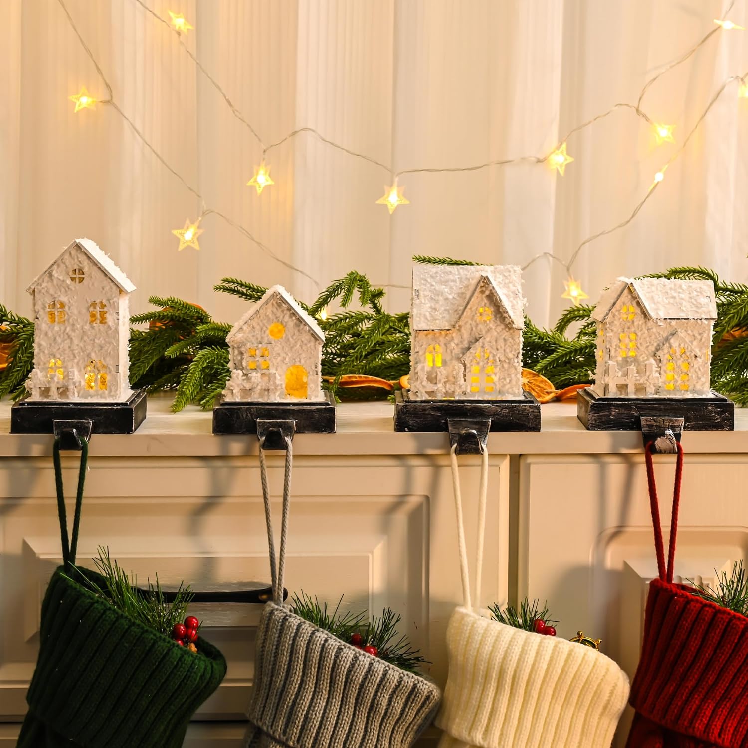 4Pack Lighed Christmas Stocking Holders, White Wooden House Hangers for Mantle, Weighted Anti-Slip Stocking Hooks for Xmas Winter