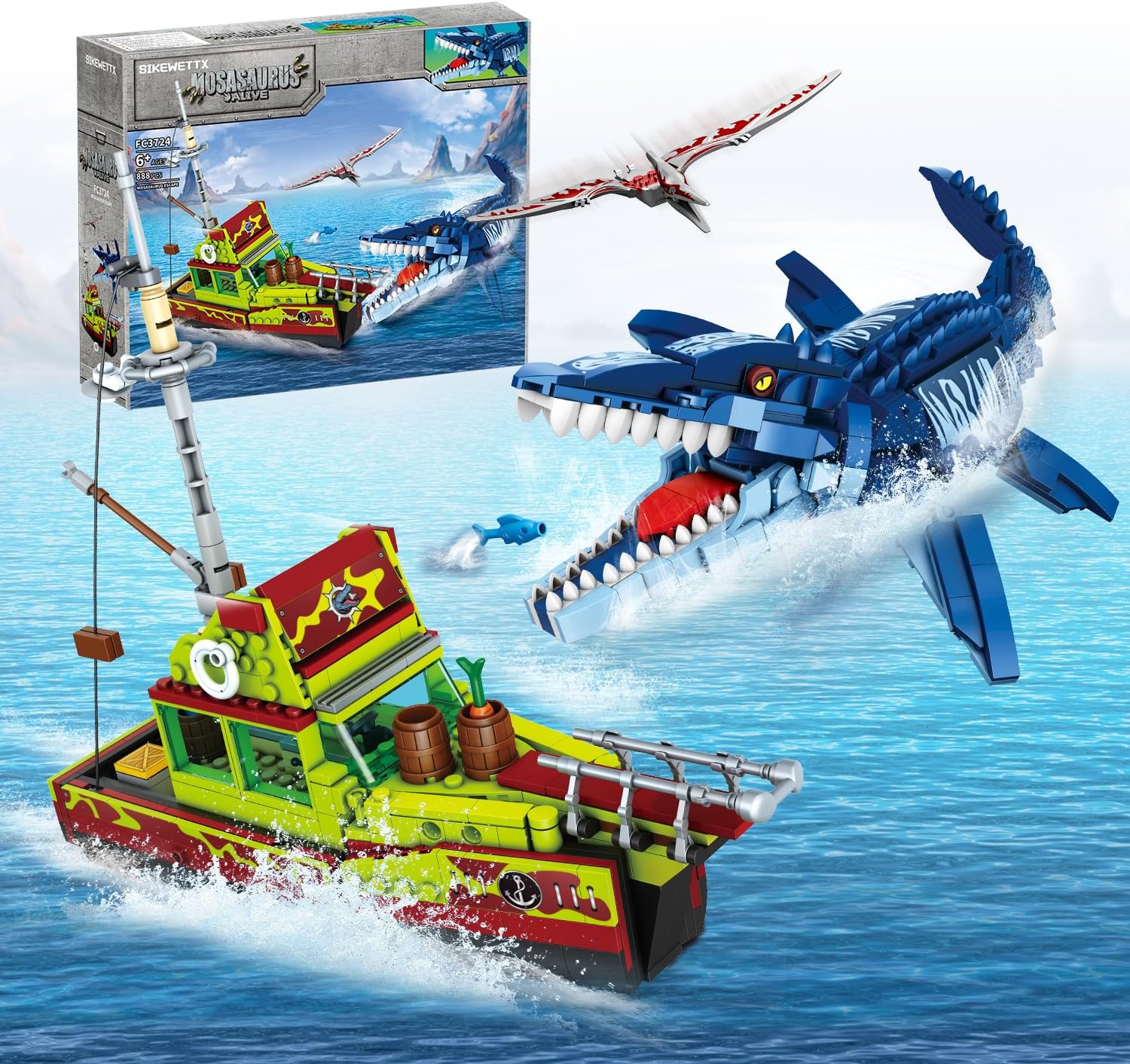 3 in 1 Sea Dinosaur Building Blocks Kit Set, Compatible with Lego Dinosaur World Park Mosasaurus Discovery Crossing Ocean World Building Set, Boat STEM Toys Gift for Kids and Adults for Boys Age 8-12