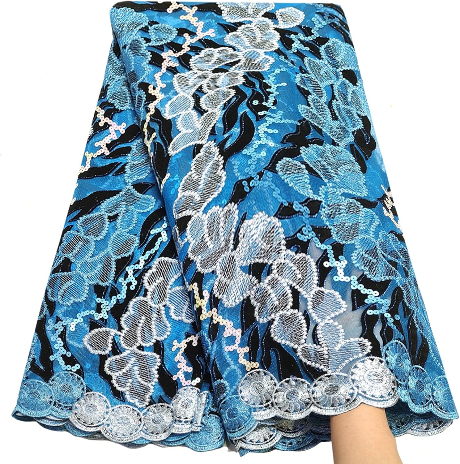 Bestway Fashion African Lace Fabric 5 Yards Sequins Embroidery Nigerian Party French Net Lace Fabric (Turquoise Blue)