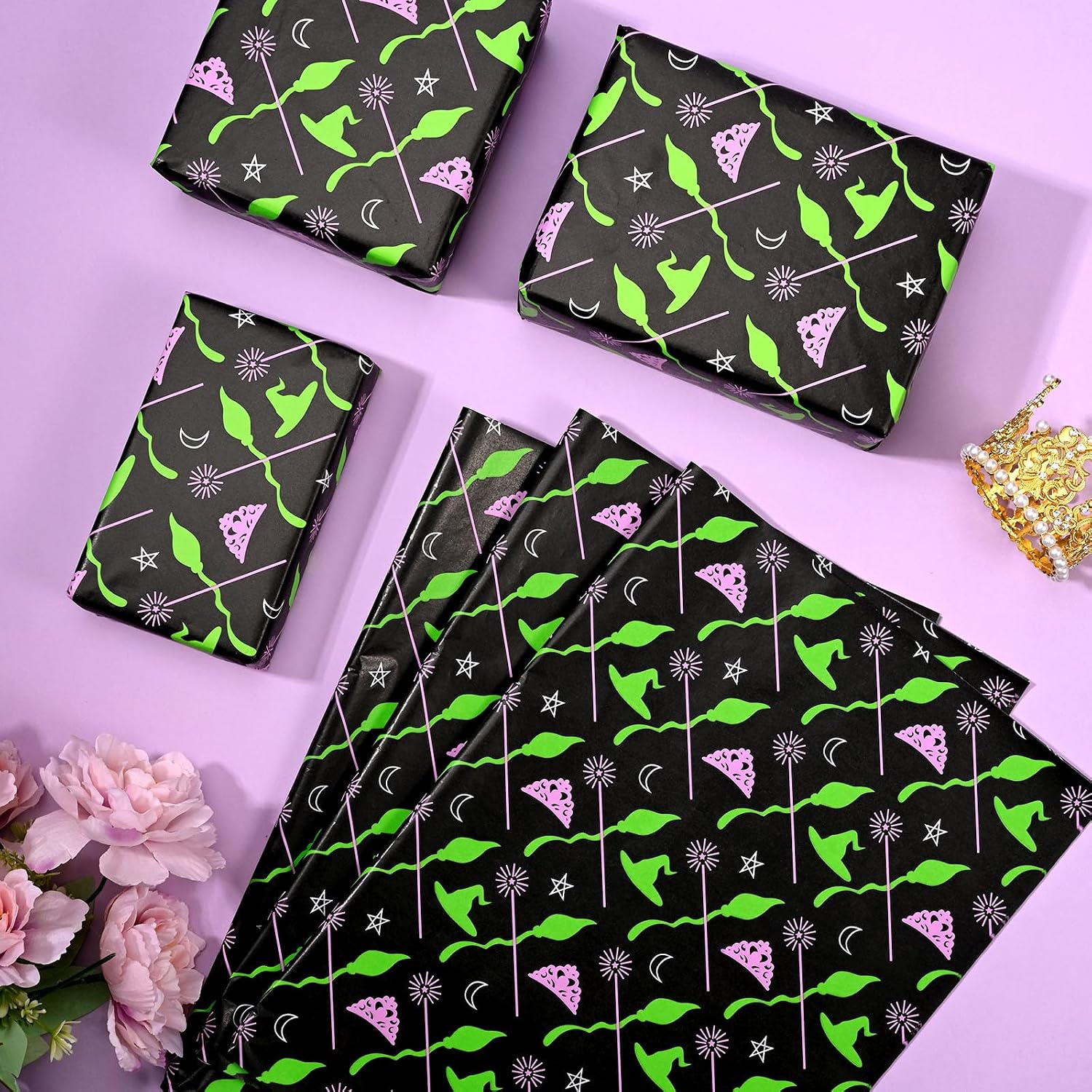 Kavoc Witch Tissue Paper Pink Green Black, 100 Sheets, 20 x 14 Inches, Crepe-Paper, Wedding, Birthday, Halloween, Party