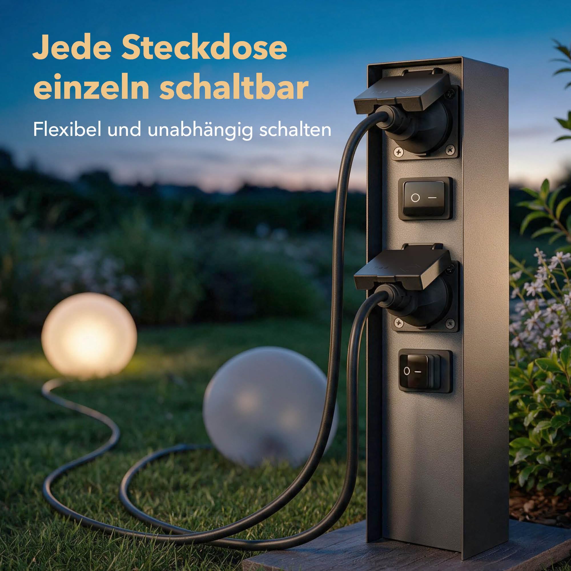 ledscom.de Colonnina con 3 prese da giardino POMI per esterni con interruttore, IP44, a 2 prese, acciaio inossidabile, antracite, squadrata, 33 cm