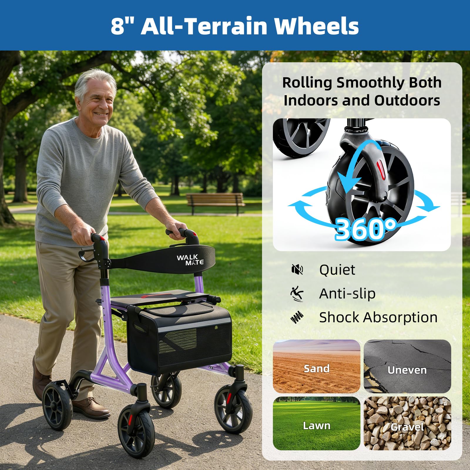 WALK MATE Andador con ruedas para personas mayores con soporte para tazas, botón de presión mejorado para ajustar la altura, ruedas de 4 x 8 pulgadas con asiento respaldo acolchado, plegable, ligera,