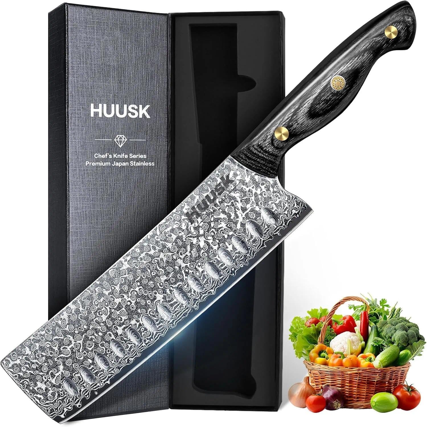 Huusk Damascus Nakiri Knife 7inch - Japanese Knives with Sharp Edge and Wooden Handle, Hand Forged Chef Knives for Home Use, Meat Vegetables Fish Knives, Christmas Gift for Men and Women
