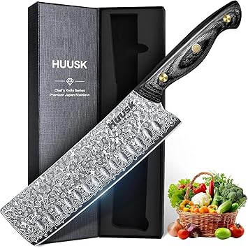 Huusk Damascus Nakiri Knife 7inch - Japanese Knives with Sharp Edge and Wooden Handle, Hand Forged Chef Knives for Home Use, Meat Vegetables Fish Knives, Christmas Gift for Men and Women