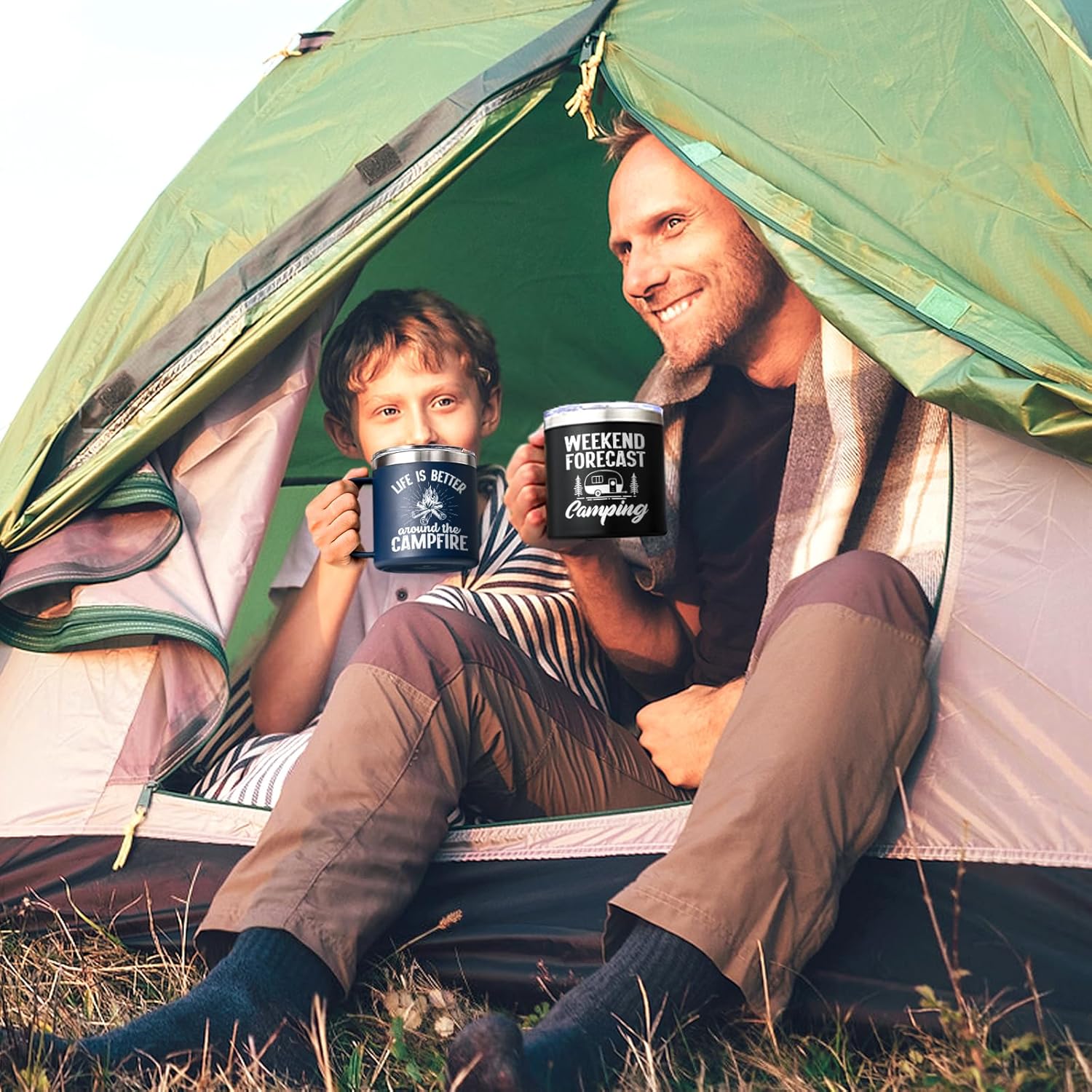 Qtencas Camping Gifts for Men Women, 4Pcs Camping Coffee Mugs, 14oz Insulated Stainless Steel Mug, Happy Campers Campfire Gifts for Outdoors Camping Picnic, Birthday Christmas Gifts for Family Friends