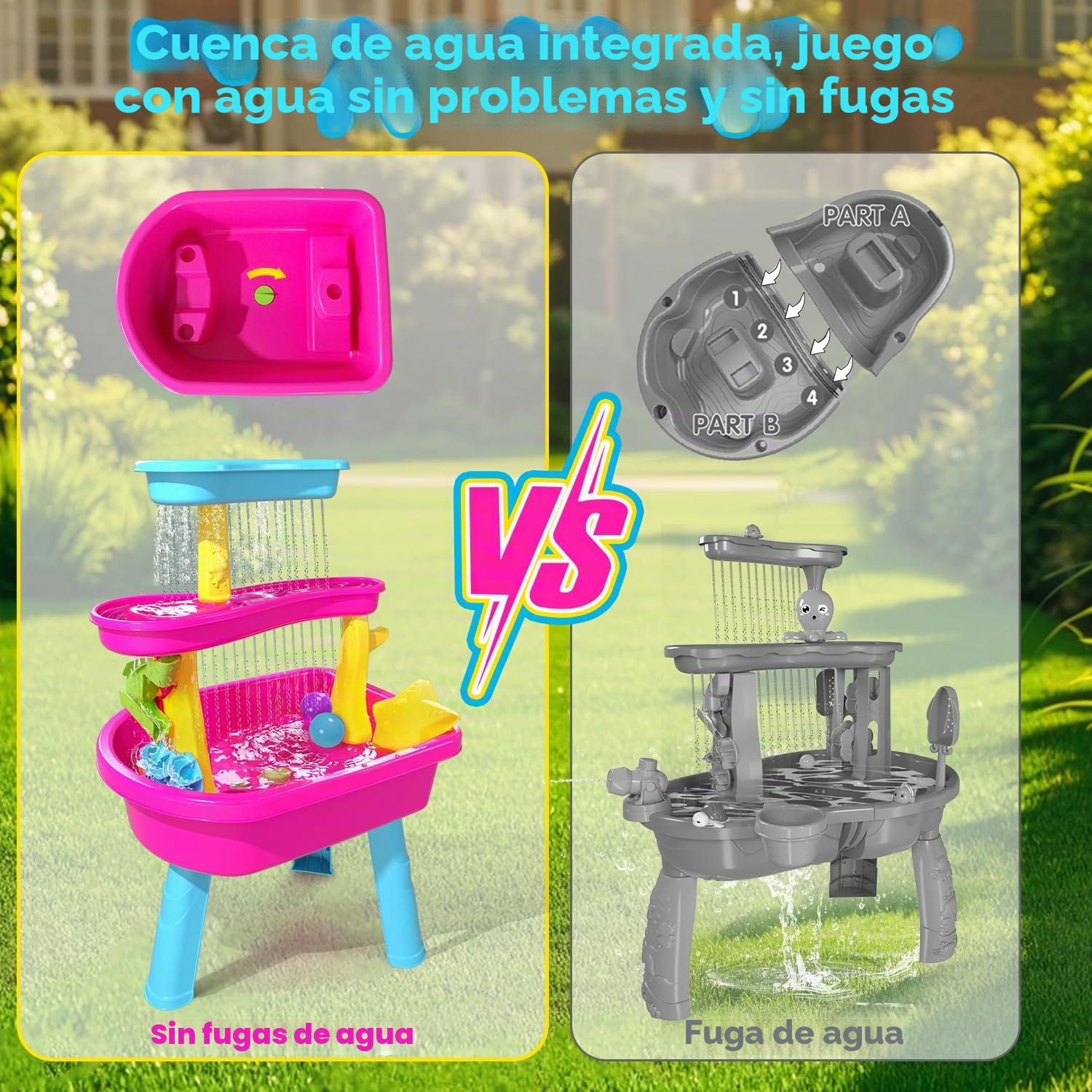 VATOS Mesa de agua de 3 niveles para niños 1-3, 37 piezas mesa de agua para niños lluvia ducha Splash Pond Set para patio trasero al aire libre, actividad sensorial mesa de agua arena mesa de verano