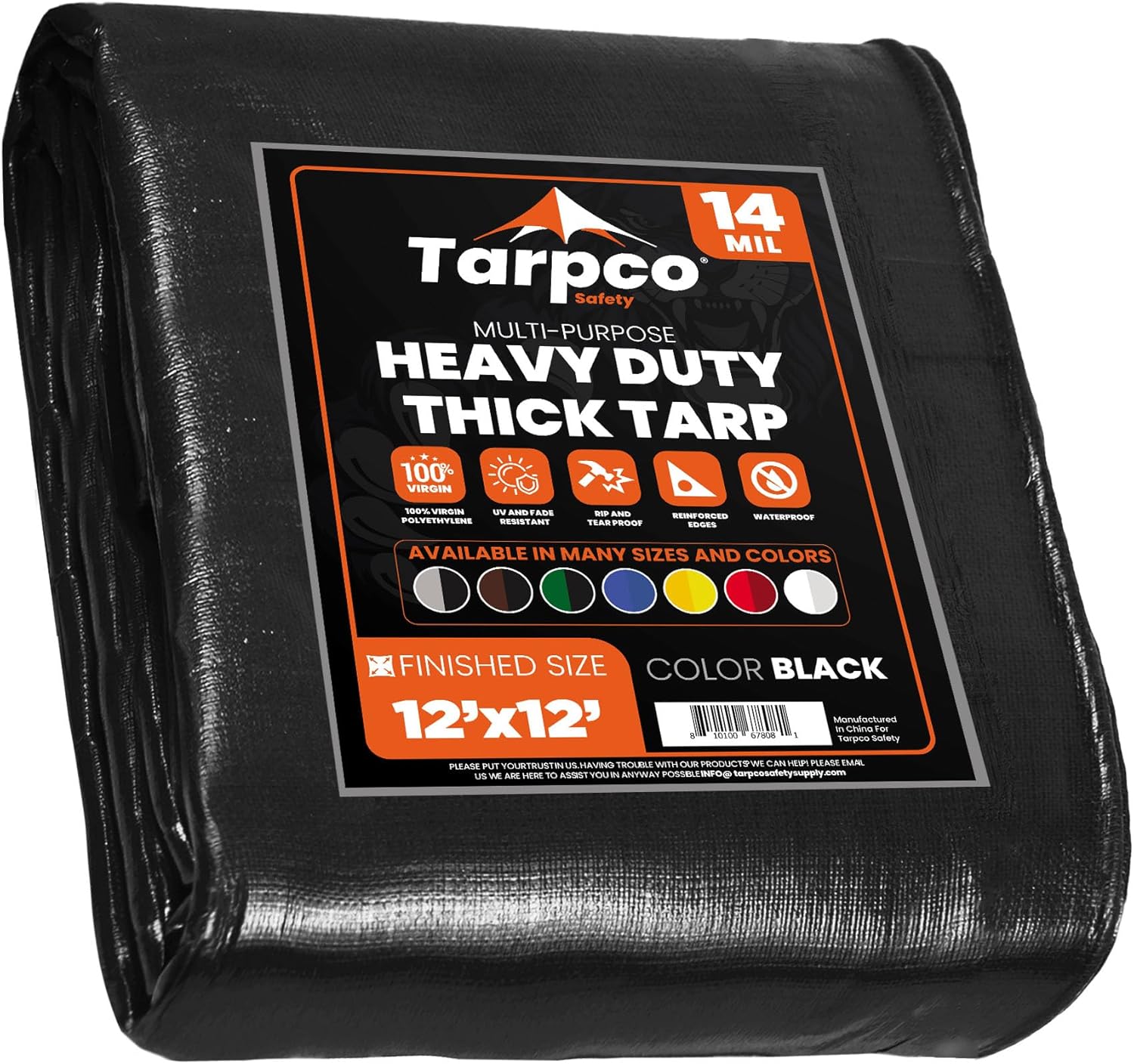 Tarpco Safety Extra Heavy Duty 14 Mil Tarp Cover, Waterproof, UV Resistant, Rip and Tear Proof, Poly Tarpaulin with Reinforced Edges for Roof, Camping, Patio, Pool, Boat (Black 12′ X 12′)
