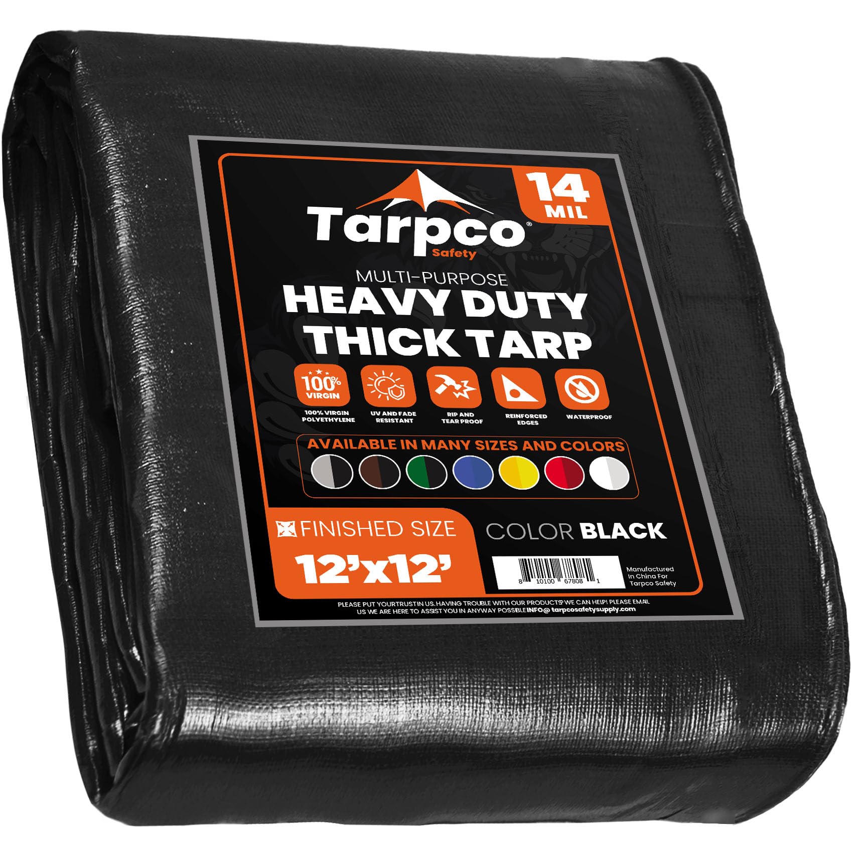 Extra Heavy Duty 14 Mil Tarp Cover, Waterproof, UV Resistant, Rip and Tear Proof, Poly Tarpaulin with Reinforced Edges for Roof, Camping, Patio, Pool, Boat (Black 12′ X 12′)