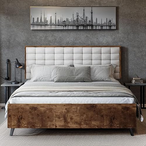 REVOMINCA Base de cama tamaño Queen con cabecero, marco de cama Queen suave de madera, marco de cama de plataforma de metal industrial, tamaño