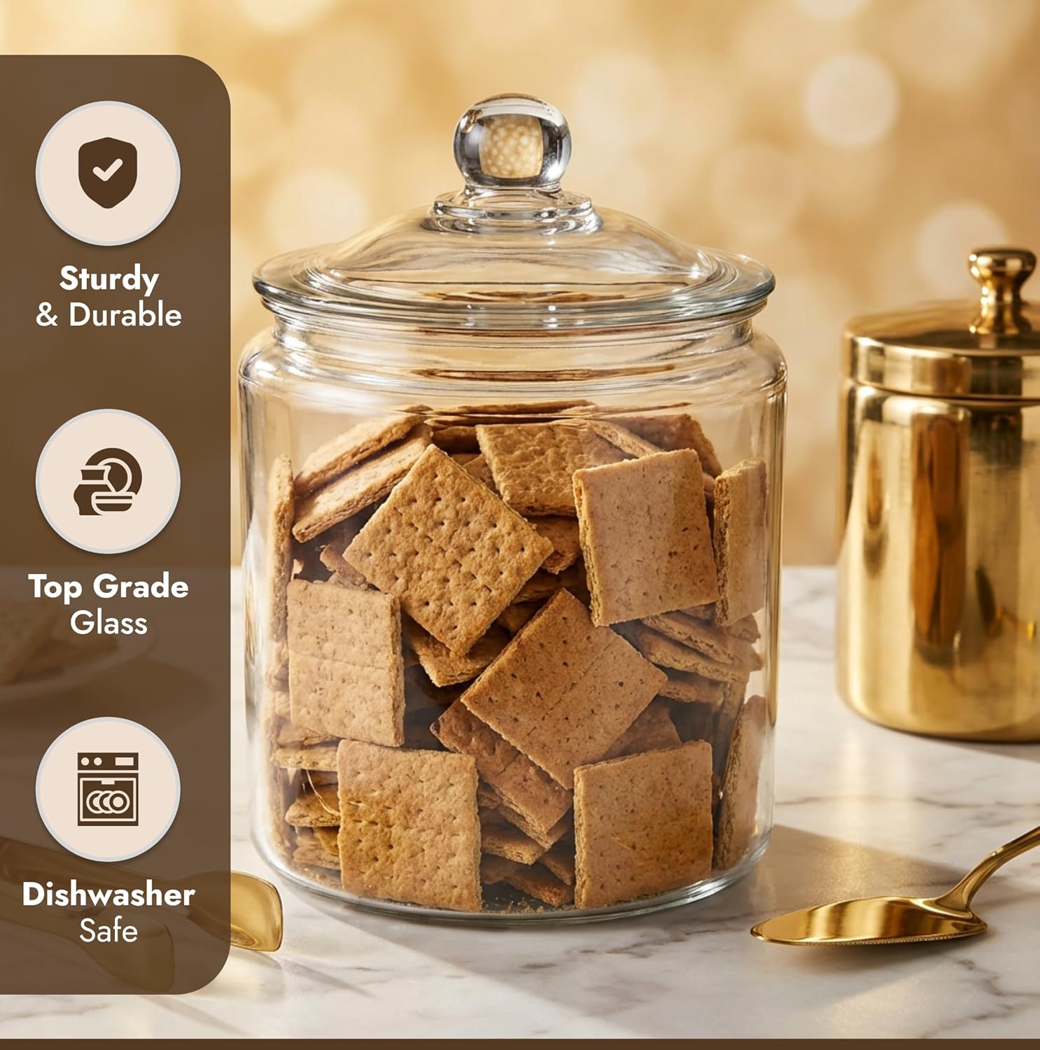 1 Gallon Glass Cookie Jar with Lid – Glass Jar with Lid - Airtight Food Storage Container for Cookies, Candy, Flour, Dog Treats – Clear Large Kitchen Jar for Pantry - Glass Containers with Lids Gallon Cookie Jar - 1 Pack