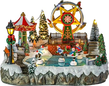 Christmas Village House with Ferris Wheel,Carousel,Ice Skating Rink