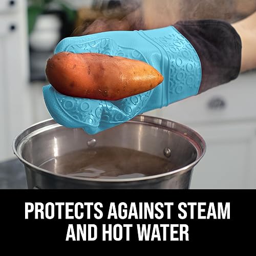 Vista 72 de Guantes de horno de silicona con forro de algodón acolchado – profesional resistente al calor olla de cocina soportes – 1 par, Negro