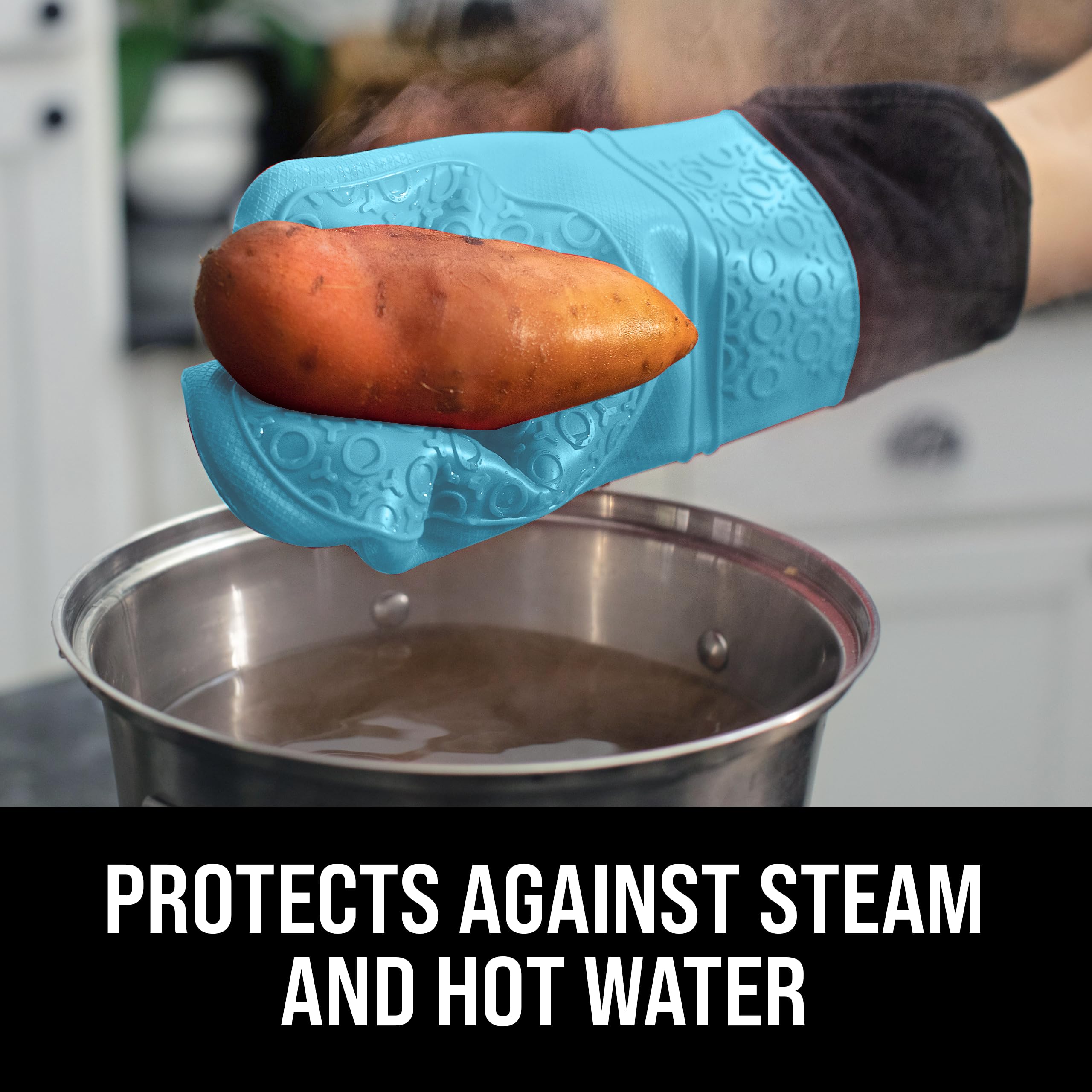 BPA-Free Soft Silicone Oven Mitts - Ultra Heat Resistant Oven Mitts with Thick Cotton Liner - Extra Long Slip Resistant Pot Holders, Flexible Oven Gloves - Aqua/Black 14.7" - Image 4 thumbnail