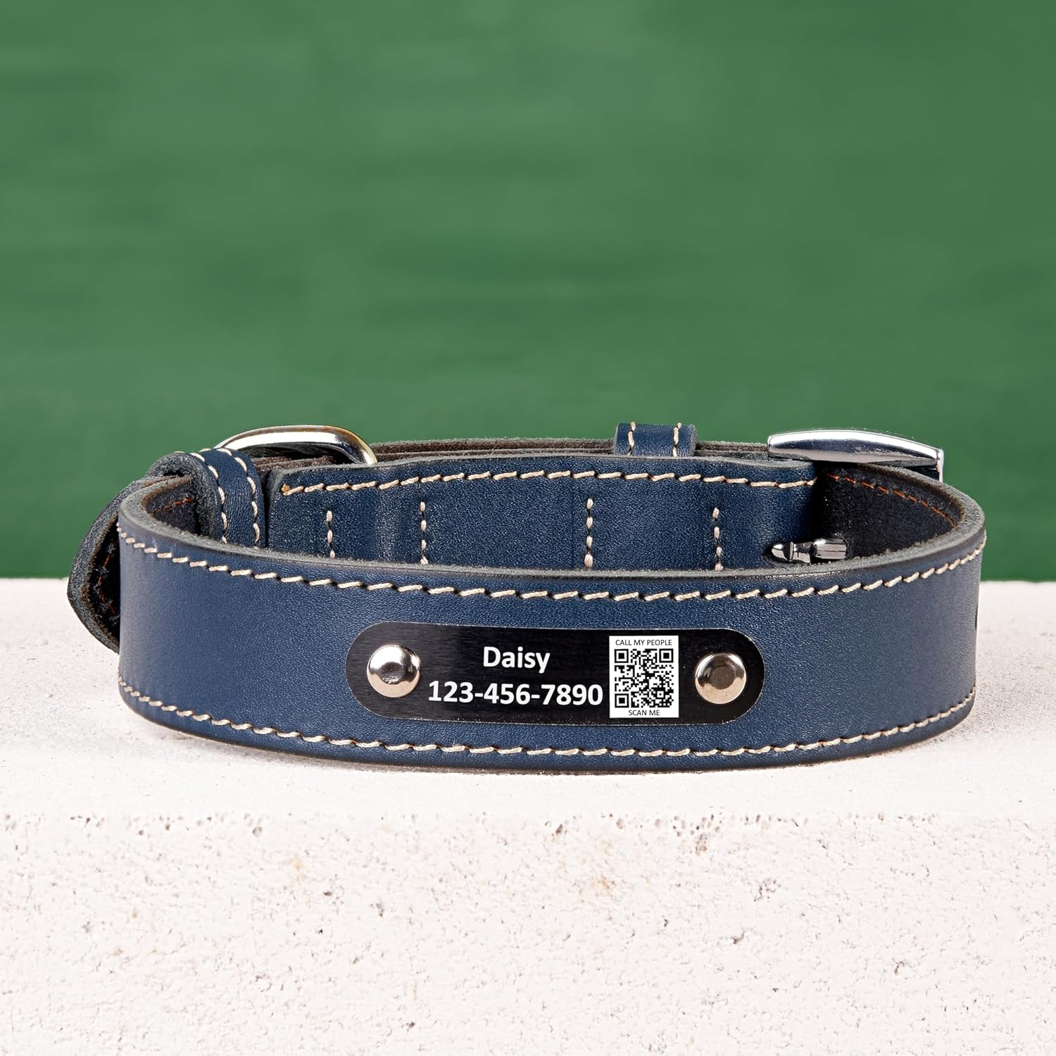 Personalized Genuine Leather Dog Collar with Name Plate, Adjustable Heavy Duty Dog Collar