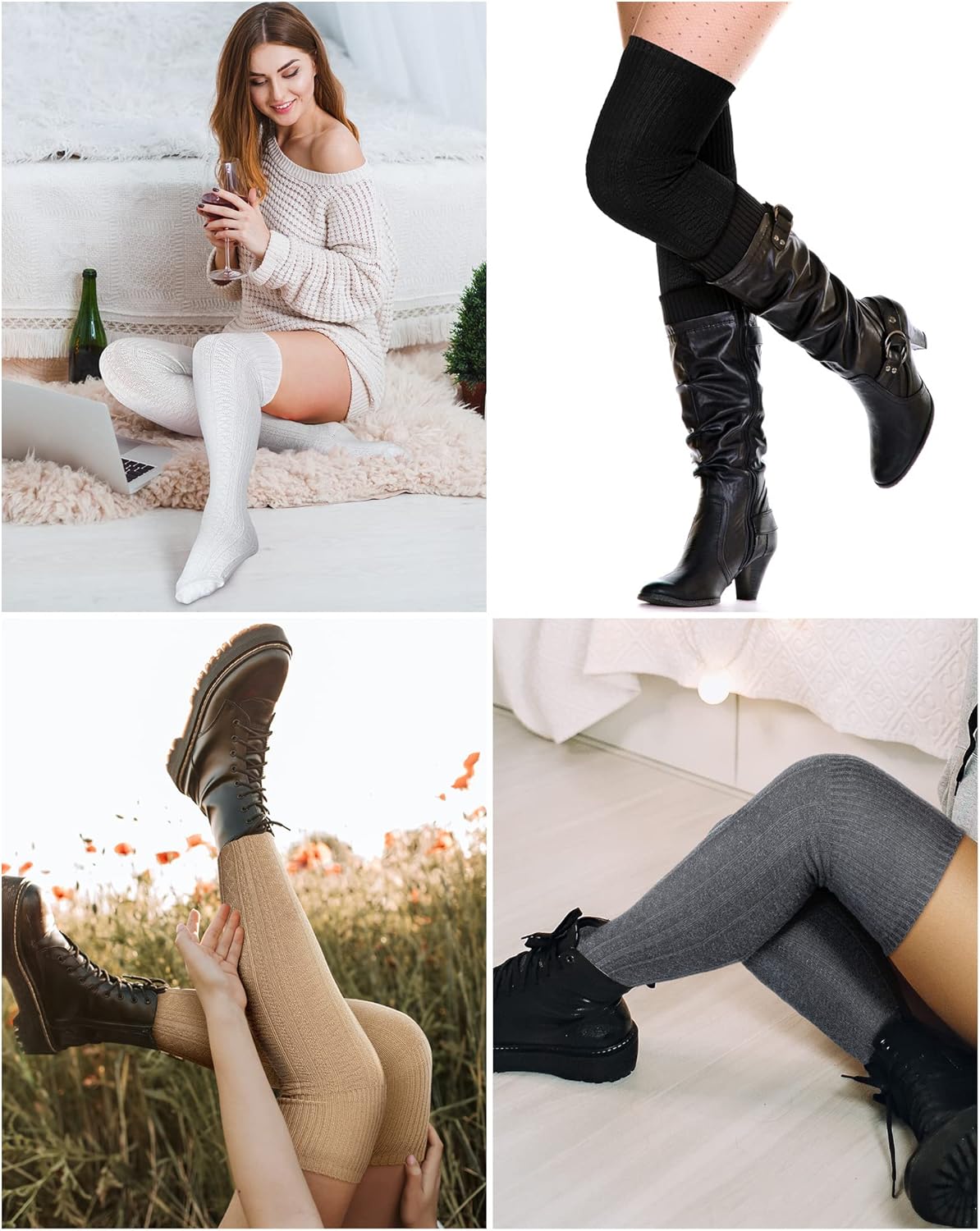 Janmercy 6 Pairs Knit Thigh High Socks for Women Long Leg Warmer Cable Knit Boot Socks Winter Extra Long Thigh High Stockings over Knee Soft Leg Warmers - Image 7