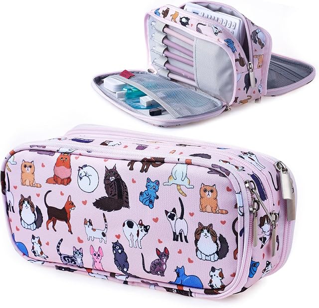 LParkin Cute Cat Pencil Case Super Large Capacity 3 Compartments Canvas Pencil Box Kawaii Makeup Bag Cat Gifts for Boys Girls