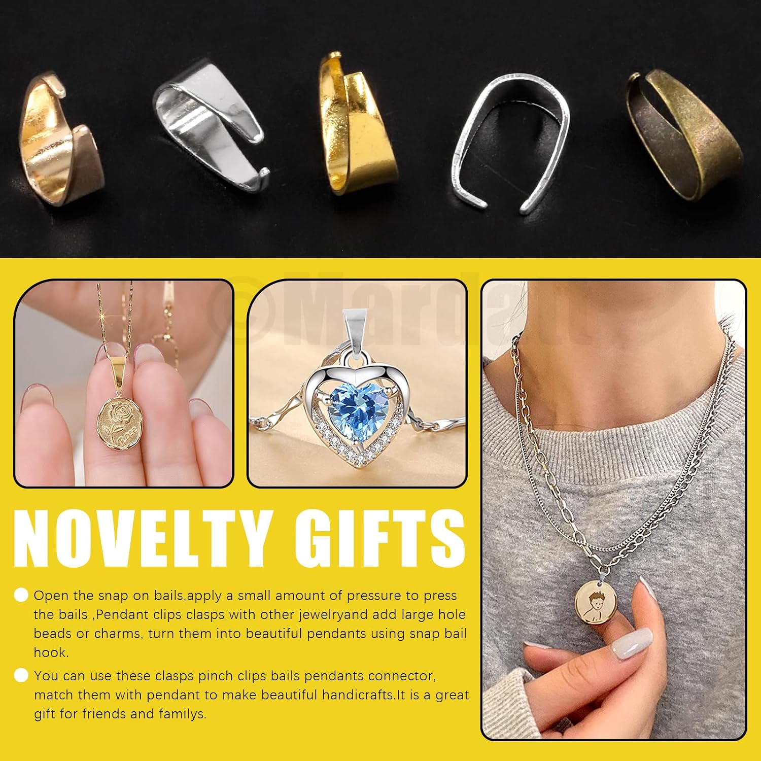 640Pcs 5 Styles Metal Pinch Clip Clasp Assortment Set, Snap on Dangle Bead Pendant Pinch Clip Bails Chain Connectors Snap Bail Hook for Necklace Jewelry Making