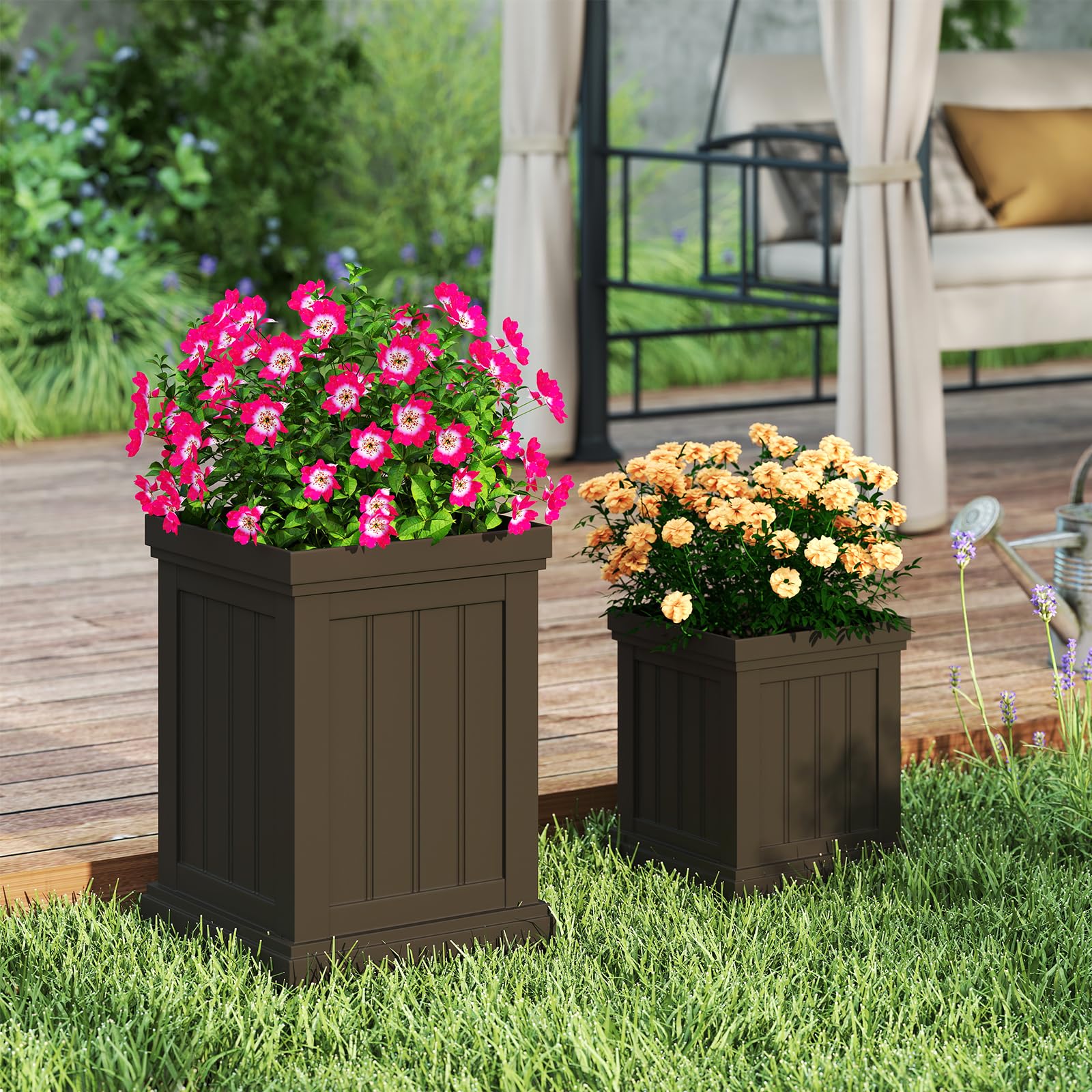 COSTWAY 2 er Pflanzkübel Quadratisch, 48/31,5 cm hoch, Pflanzgefäße wetterfest stapelbar, Blumentöpfe mit Entwässerungslöchern, PP Kunststoff, Übertopf für Garten Terrasse Hinterhof Balkon, Braun