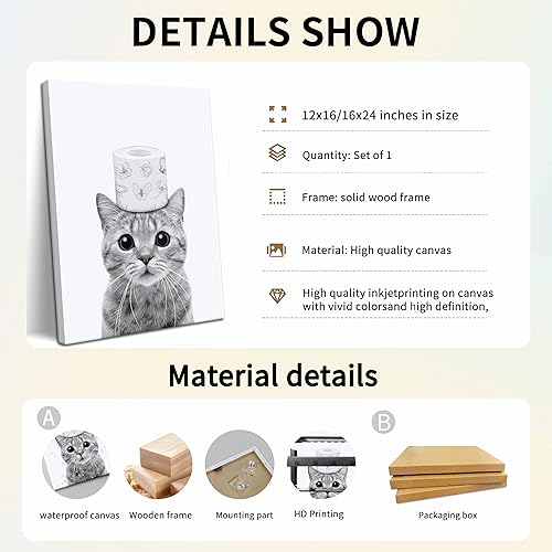 Miniatura 5 de Divertido arte de pared de baño, bonito lienzo de gato blanco y negro, impresiones de papel higiénico humorístico, decoración de baño, adorables