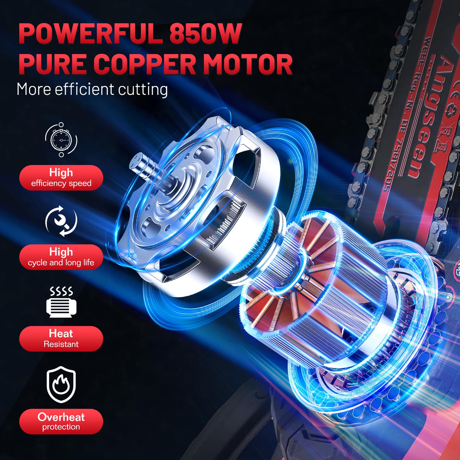 Mini Chainsaw Cordless 6 Inch, Electric Chainsaw with 2 Battery and 850W Motor, Small Battery Chainsaw with 2 Chains and Safety Lock, Light Weight Handheld Chainsaw for Wood Cutting Tree Trimming - 5