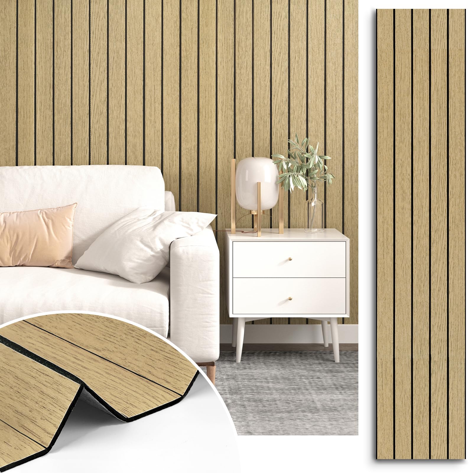 View 1 of ** CHECK PHOTOS** STICKEEP Peel and Stick Beige Wood Panels for Interior Wall Decor 3D Textured Wood Acoustic Wall Panels Self Adhesive Soundproof Wooden Slats Panel Wallpaper for Bedroom Bathroom Ceiling 23.6"x118"