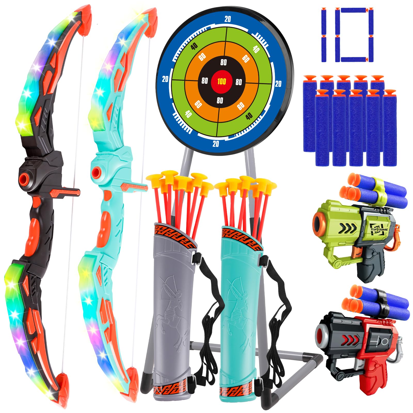 2 Pack Arco e Frecce per Bambini Set di Tiro con L'Arco con Luci LED 16 Frecce Giocattolo per Interni ed Esterni Regalo per Ragazzi e Ragazze di 4-12 Anni