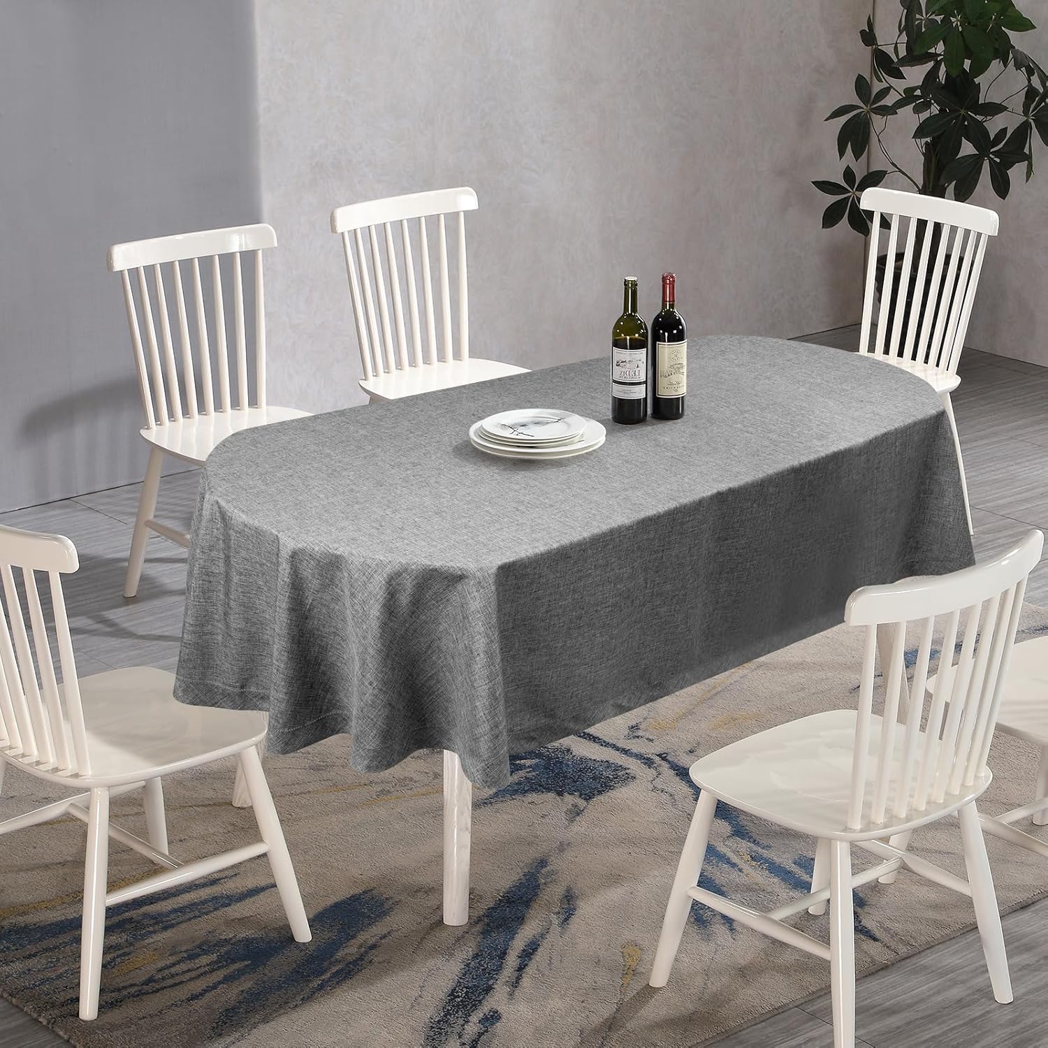 Textured Oval Tablecloth, Grey 61 x 84 Inch, Wrinkle Free, Linen/Cotton Blend, Modern, Solid Color, Handmade, Natural Fabric for Dining Table