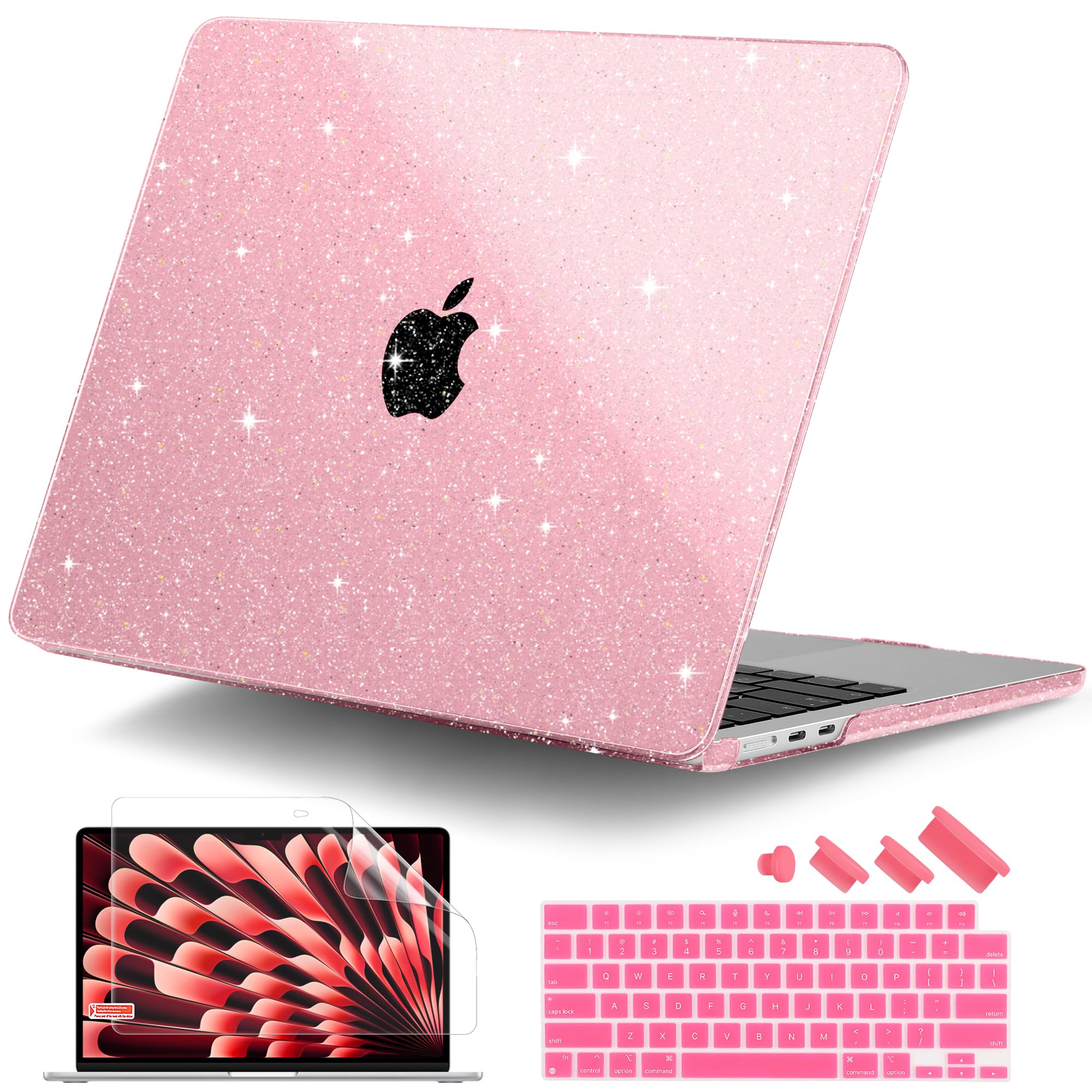 DONGKE Compatible with M2 MacBook Air 15 Inch Case 2023 A2941, Bling Plastic Hard Shell with Keyboard Cover for MacBook Air 15" with M2 Chip & Liquid Retina Display Touch ID - Star Pink