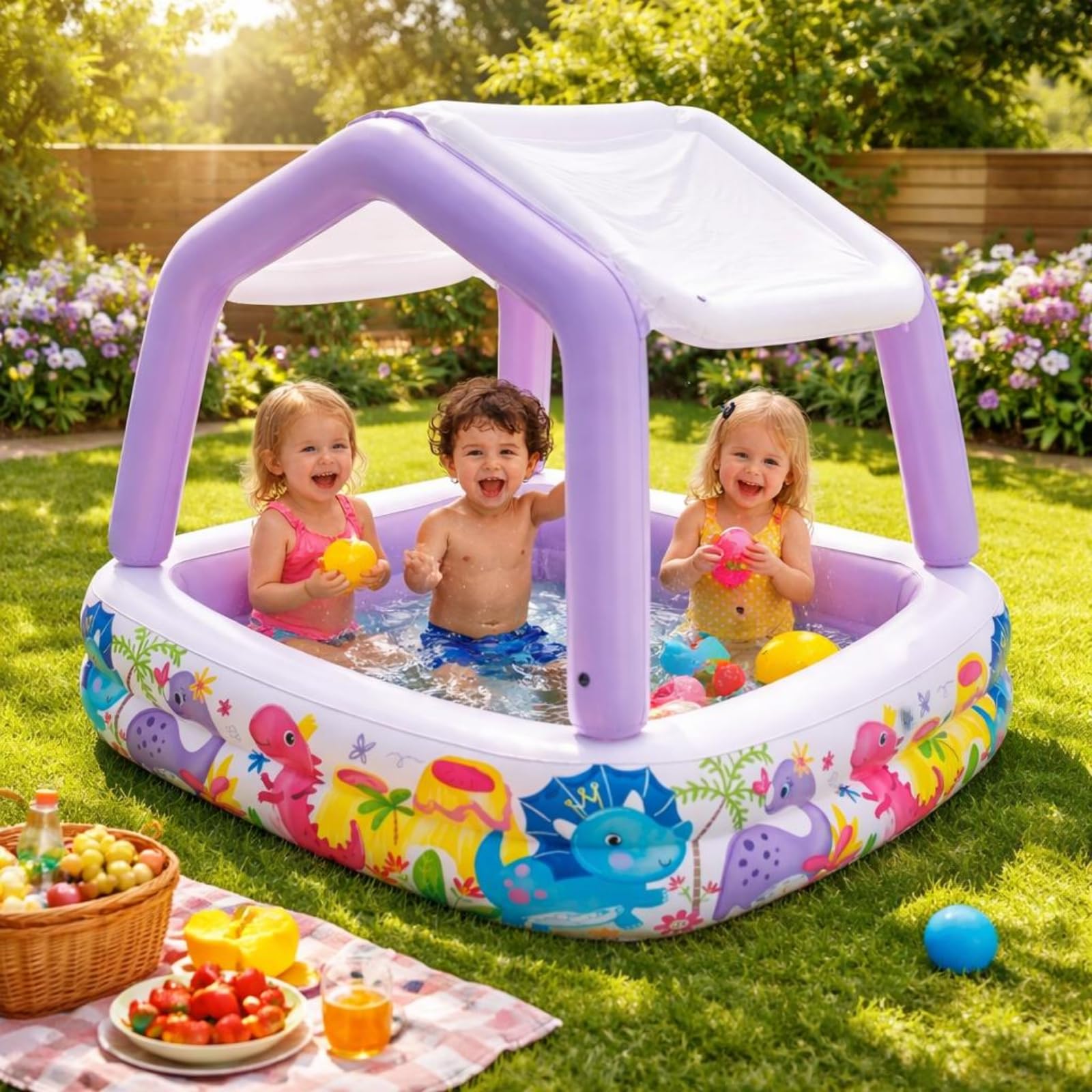 Kinderpool Schwimmbecken Aufblasbares Planschbecken mit Schutzdach Leichtes PVC Material für Kinder für Hinterhof Poolbereich Garten