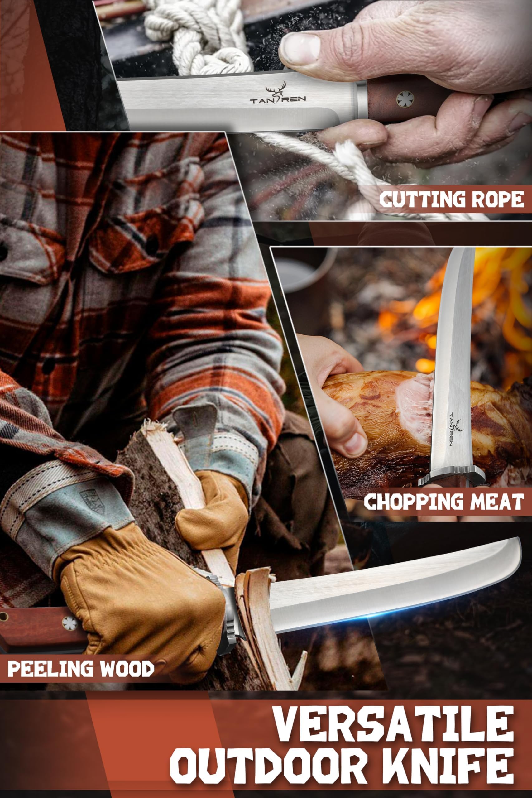 TAN REN Outdoor Knife Fixed Blade, Hunting Knife with Sheath, 8 Inch Survival Knives with Wooden Handle for Camping, Outdoor, Bushcraft Knives for Men