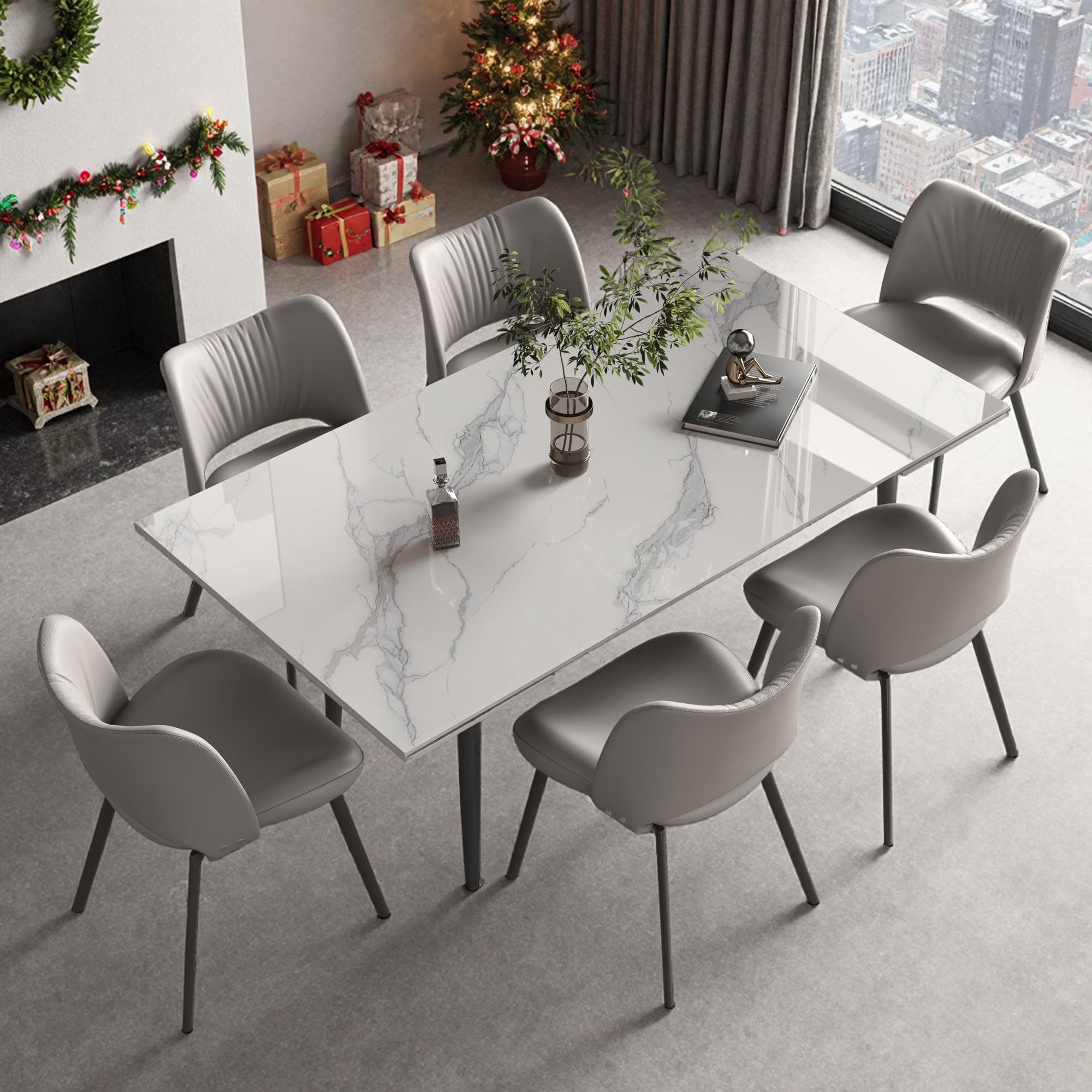 Tavolo da pranzo rettangolare di design, moderno e di alta qualità, in marmo bianco sinterizzato, allungabile da 160 a 240 cm, ideale per sala da pranzo e cucina.