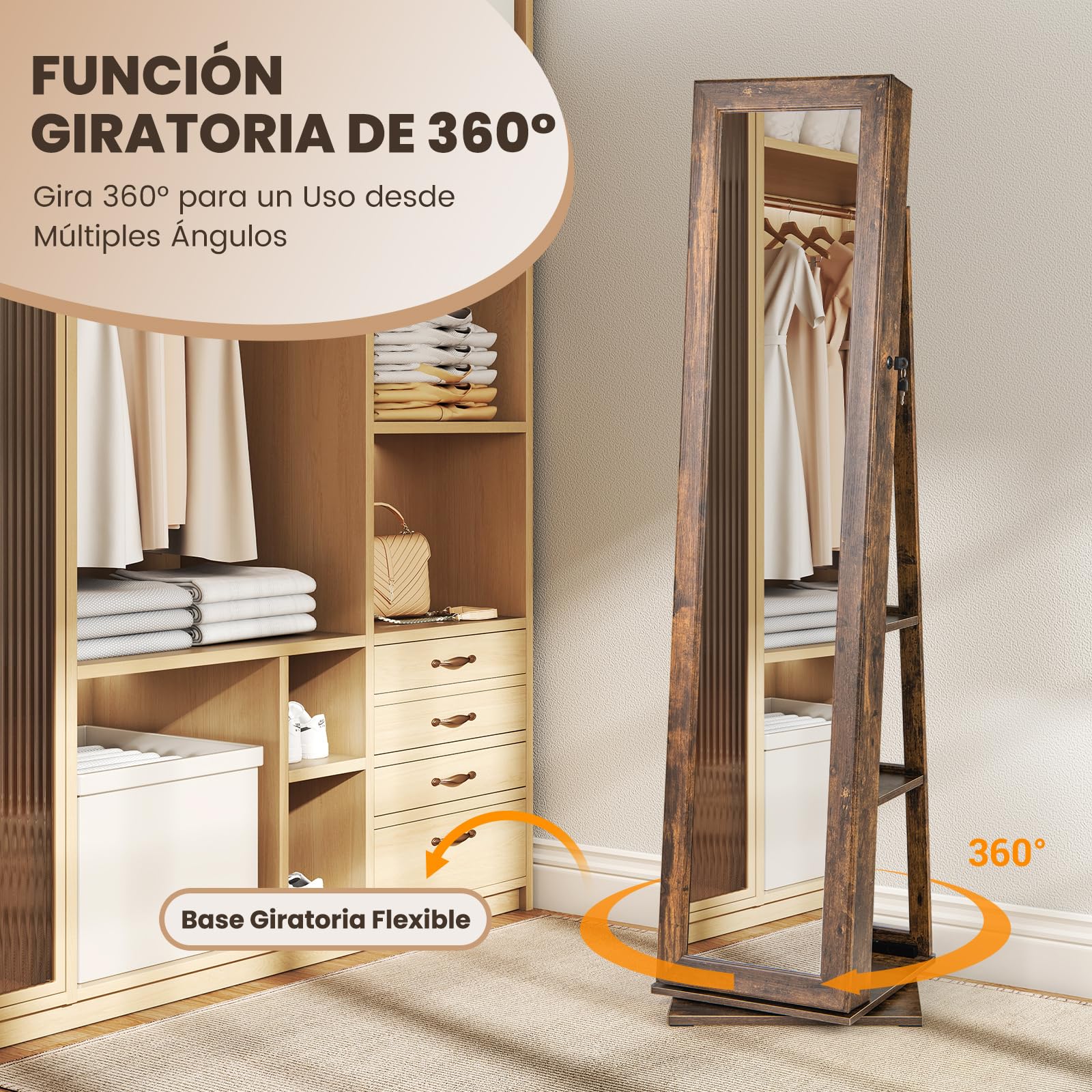 COSTWAY Armario para Joyas Giratorio 360°, Espejo Joyero de Pie con Estantes Traseros, Espejo de Maquillaje Integrado, 3 Cajas y 2 Bolsillos con Cremallera para Dormitorio (Marrón)
