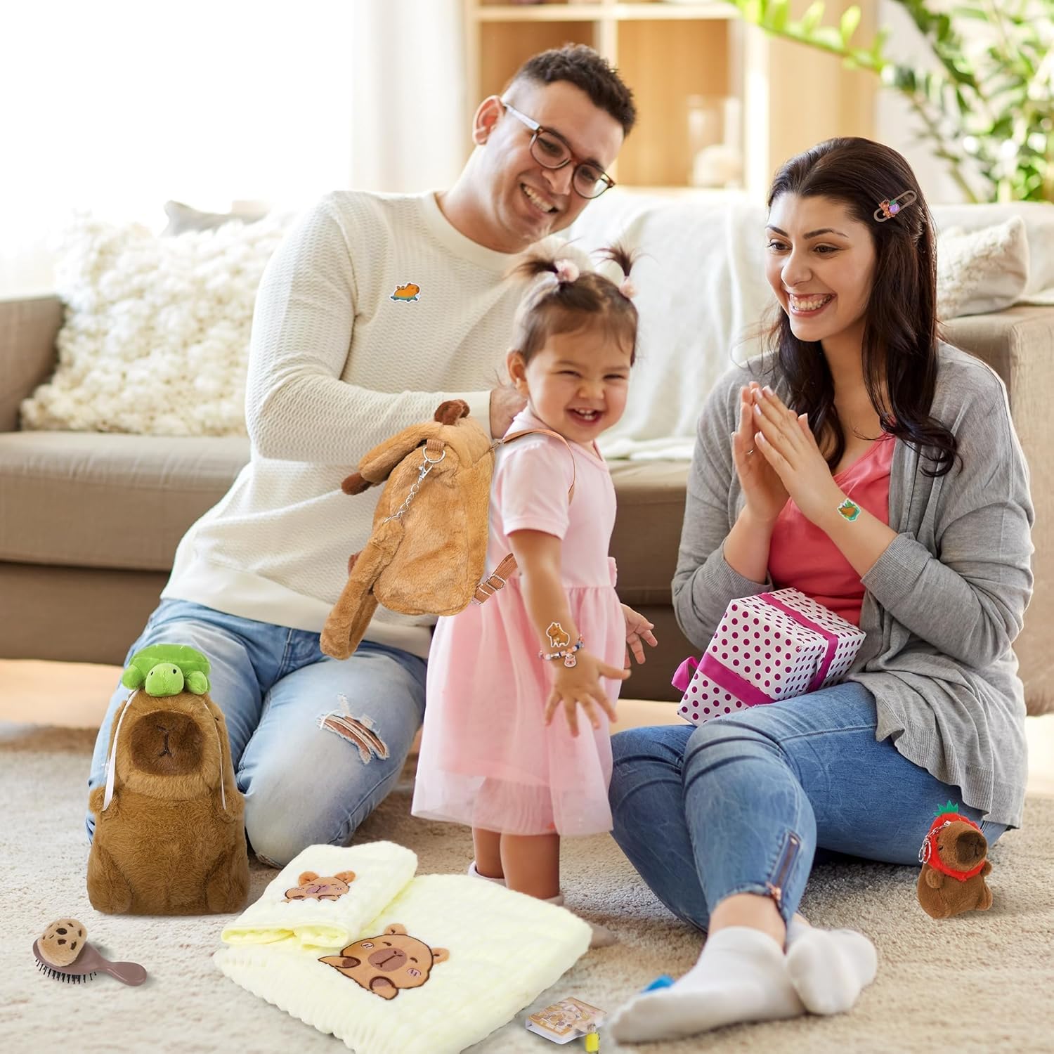 Aodaer 75 Pcs Capybara Plush Toy Set with Stuffed Capybara Plush Toy Keychain Backpack Towels Comb Headband DIY Sticker Bracelets Notebook Hair Clips Mirror Stickers for Birthday Gifts Party Favor