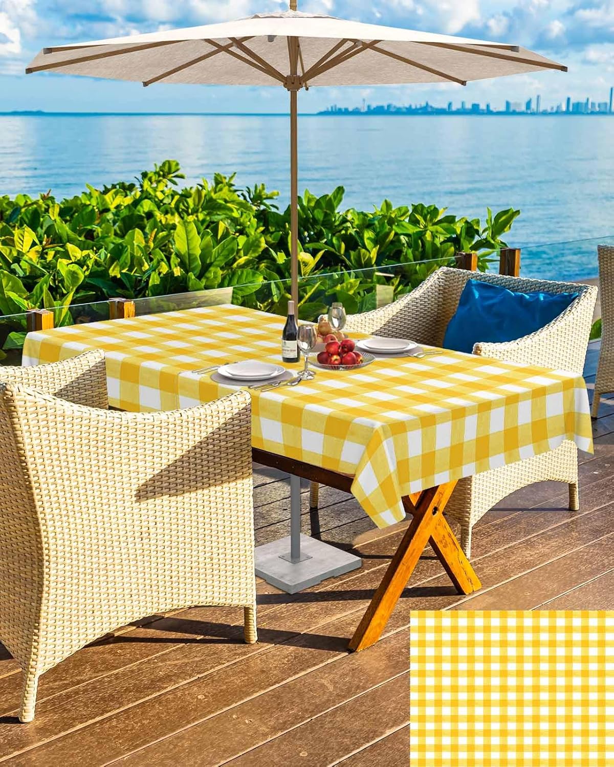 Outdoor Tablecloth with Umbrella Hole and Zipper 60" x 84" Rectangular Retro Farmhouse Yellow Plaid Water Repellant Table Cover Tabletop Collection for Party Patio Picnic