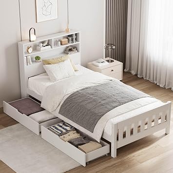 Aptliton Wooden Solid Bed Frame with Drawers, Single White Storage Bed Furniture for Kids, Teenagers, Adults, Pine and MDF, 3ft, 190x90cm, White